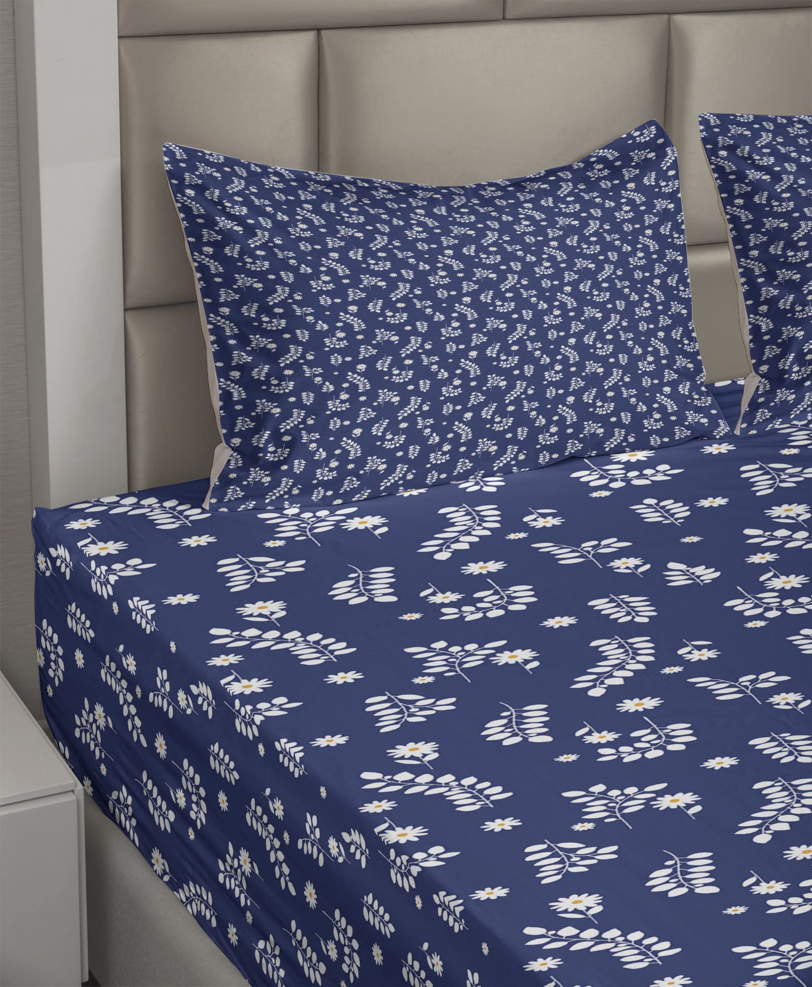 Ambesonne Floral King Sheet Set - 4 Piece Bedding with Silhouette Flowers & Leafy Branches, Dark Sky Blue Marigold | Soft Fitted & Flat Sheets + Pillowcases for Luxurious Bedroom Decor