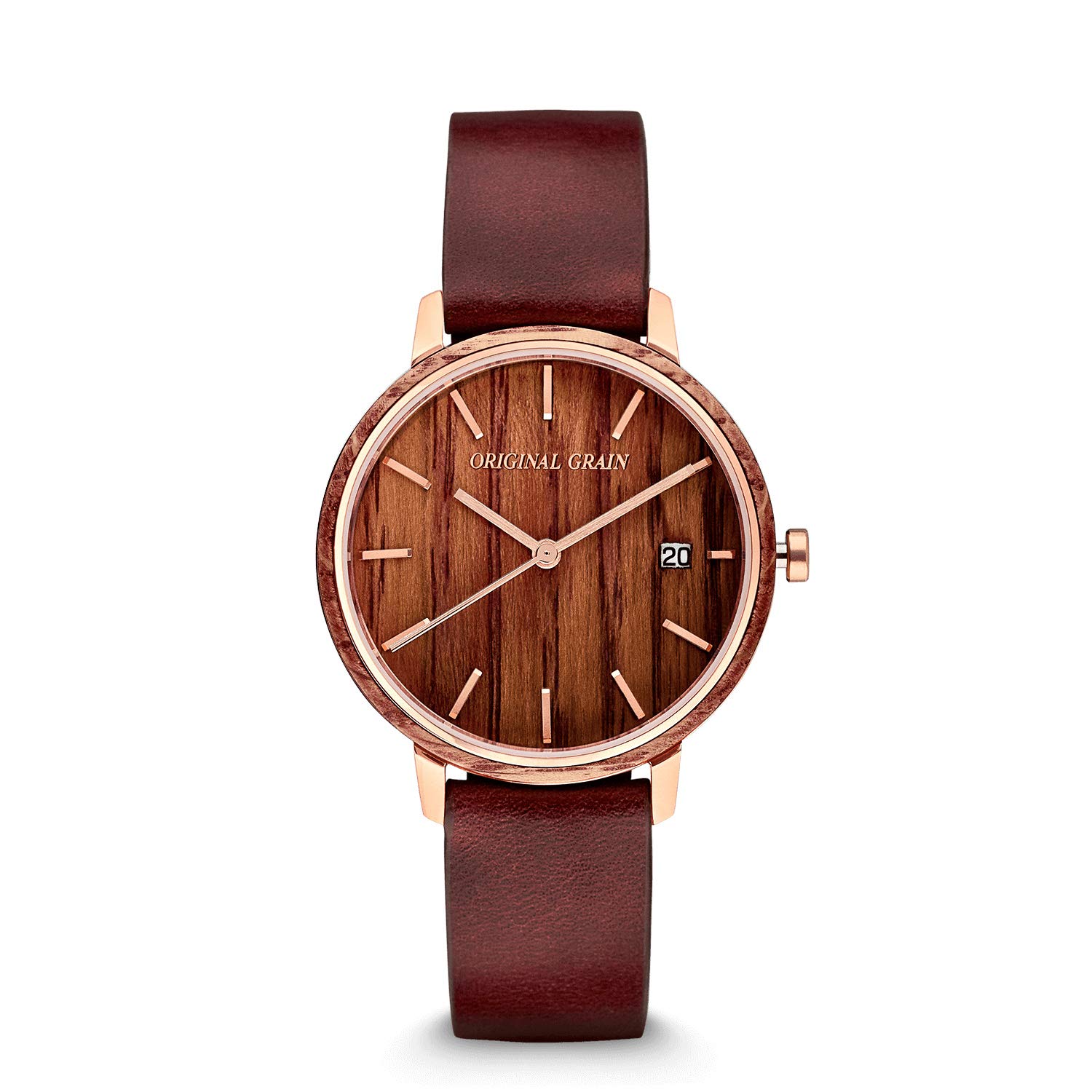 Original Grain Women's Wine-Stained Oak 36mm Analog Watch - Rose Gold Stainless Steel with Horween Leather Strap | Modern Minimalist Design | 5ATM Waterproof & Scratch-Resistant | Perfect for Casual Wear, Office & Date Nights