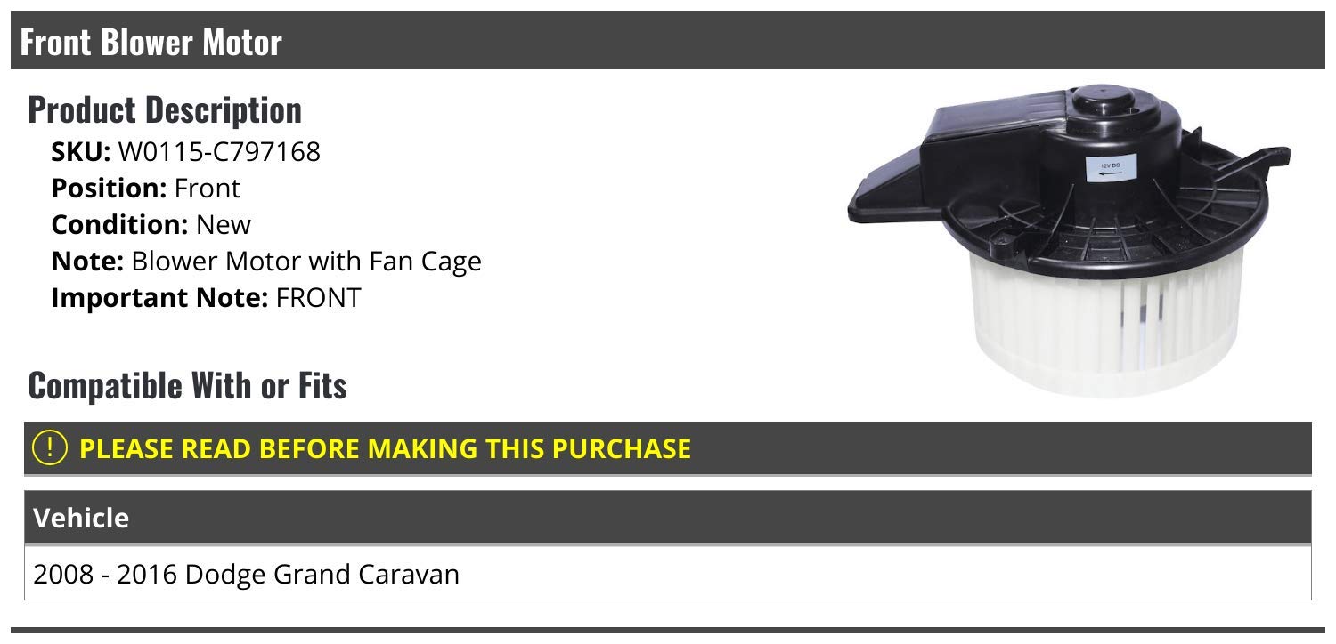 Replacement Front Blower Motor with Fan Cage for 2008-2016 Dodge Grand Caravan - HVAC System Part - Perfect for Cabin Air Circulation & Defrosting in Winter