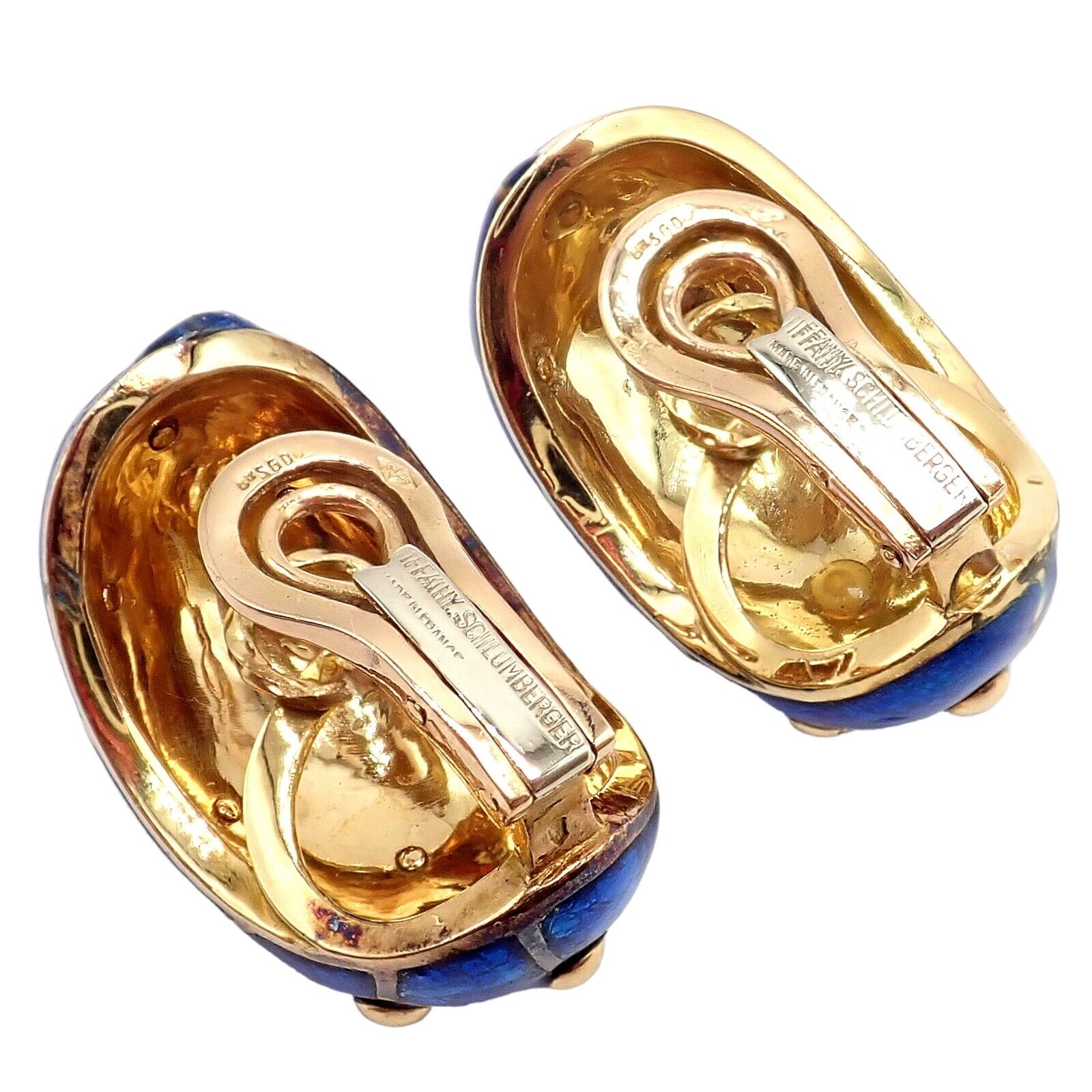 Tiffany & Co Schlumberger 18k Yellow Gold Large Blue Enamel Banana Clip Earrings - Luxury Vintage Jewelry for Women, Perfect for Parties, Weddings & Special Occasions