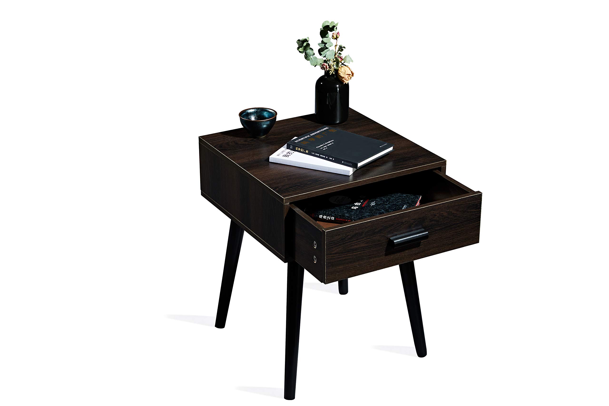 Industrial Nightstand with 1 Drawer - Dark Brown Wooden End Table for Bedroom, Small Space - Sturdy Wood Legs & Espresso Finish (LJET002A) - Perfect for Apartments, Dorms & Cozy Bedrooms