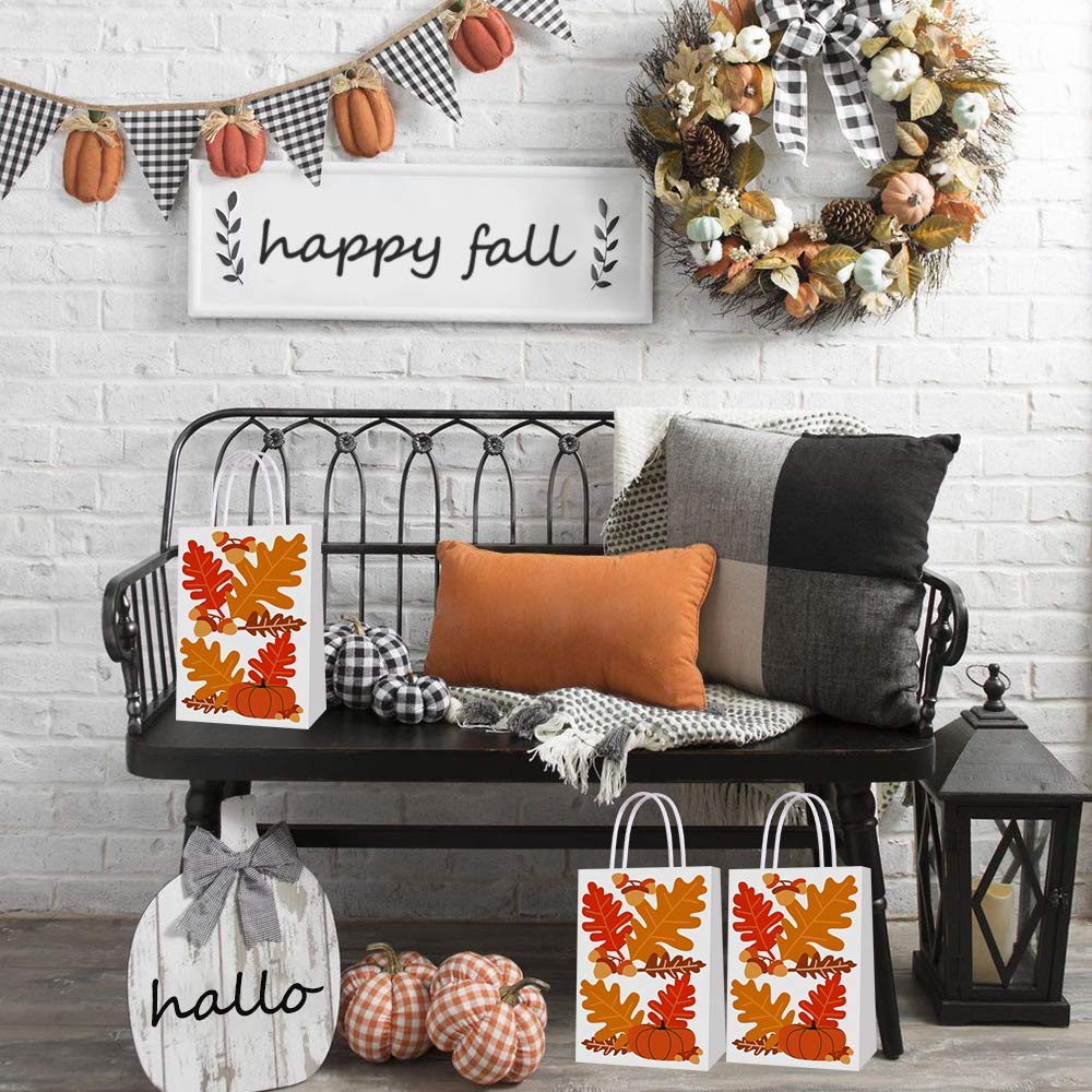 BCHOCKS 16-Piece Autumn Gift Bags Set - Maple Leaf, Pumpkin & Chestnut Print Party Favor Bags with Handles | Perfect for Fall Weddings, Birthday Parties, Bridal Showers & Thanksgiving Celebrations