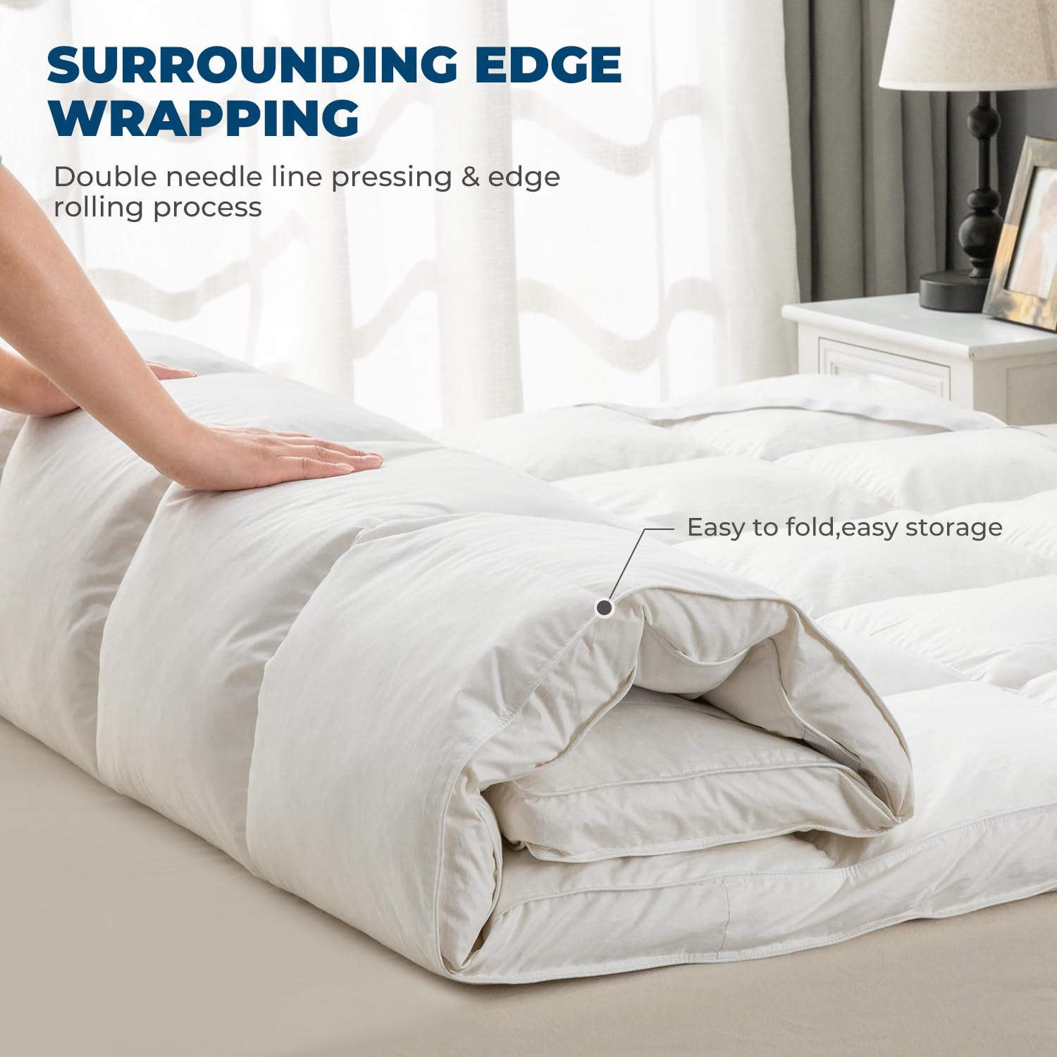 Premium Goose Down Feather Mattress Topper - Plush Soft & Fluffy Baffled Pillowtop with Secure Straps - All Season Comfort for Full Size Bed (54