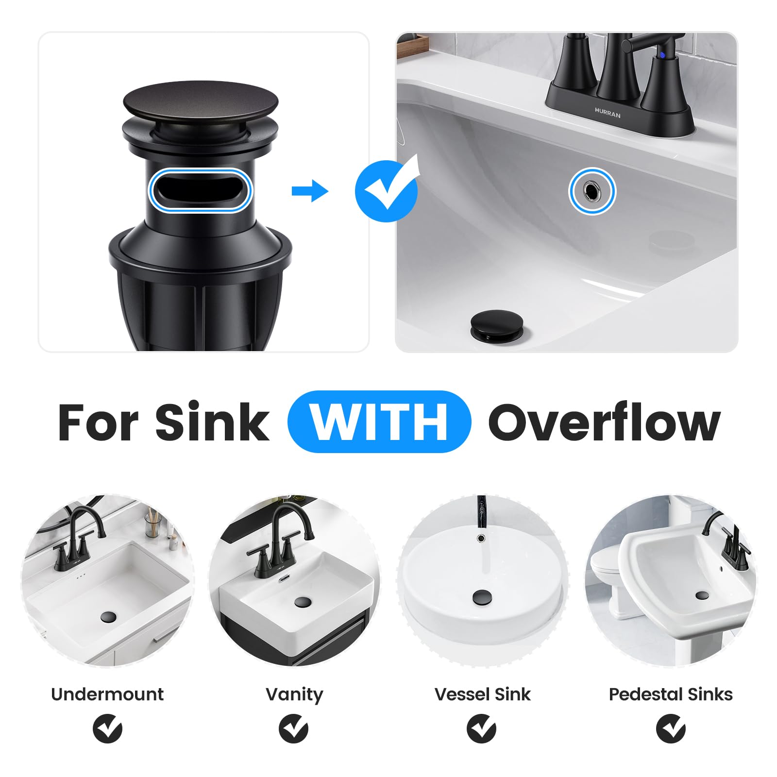 Matte Black Bathroom Sink Drain with Overflow - Anti-Clog Hair Catcher for Vanity Vessel Sinks