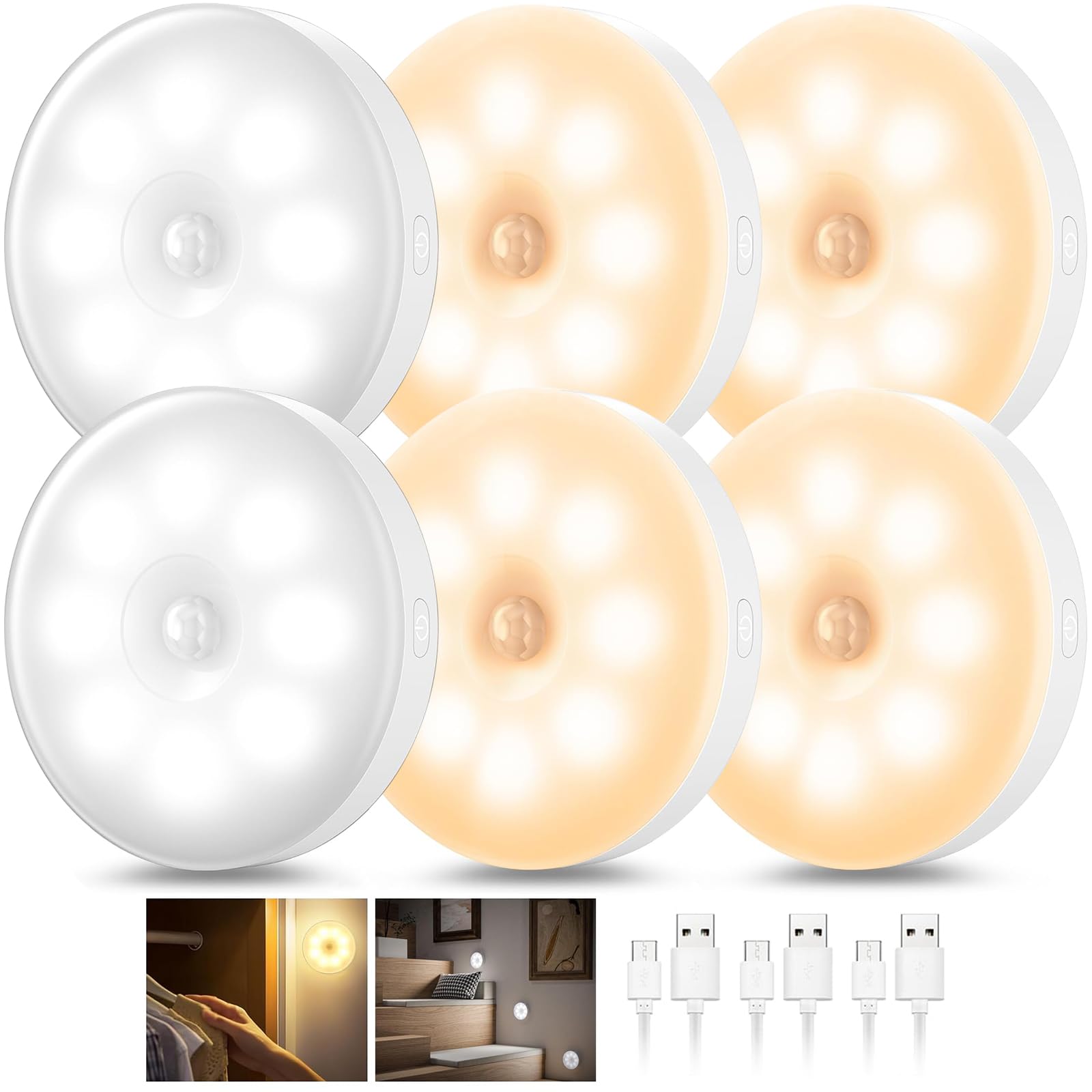 6 Pack Rechargeable LED Puck Lights with Motion Sensor - 1000mAh Battery Operated Tap Lights, Dimmable Push Lights for Closet, Under Cabinet, Stairs & Home Decor - USB Stick On Lights for Bedroom, Kitchen, Garage & Storage Spaces