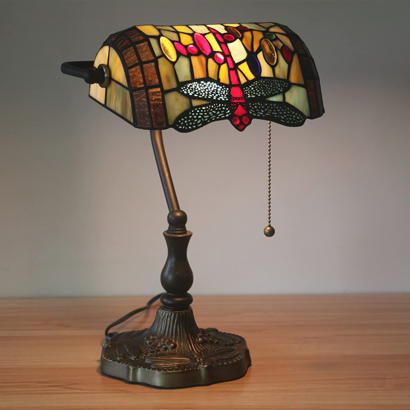 Vintage Tiffany Style Bankers Table Lamp - Stained Glass Piano Desk Lamp with Antique Alloy Base & Zipper Switch - Dragonfly Design for Bedroom, Study, Office & Living Room Lighting