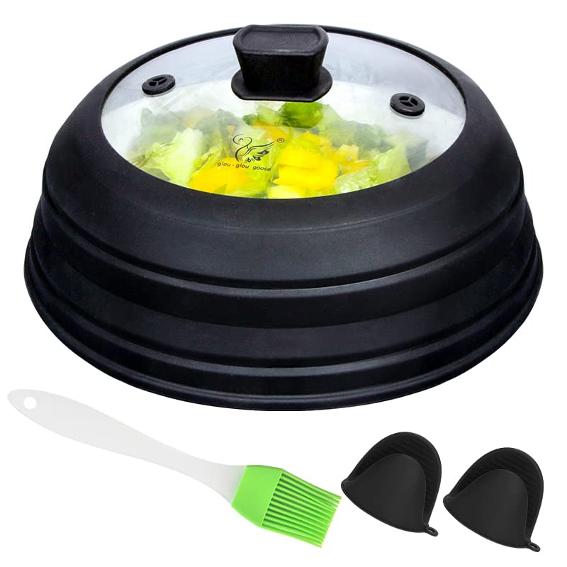 Microwave Plate Cover for Heating Food - 10.5 Inch Splatter Guard with Easy Grip Handle, Safe Tempered Glass & Silicone, Heat Resistant - Perfect for Reheating Meals, Preventing Mess in Microwave (Black)
