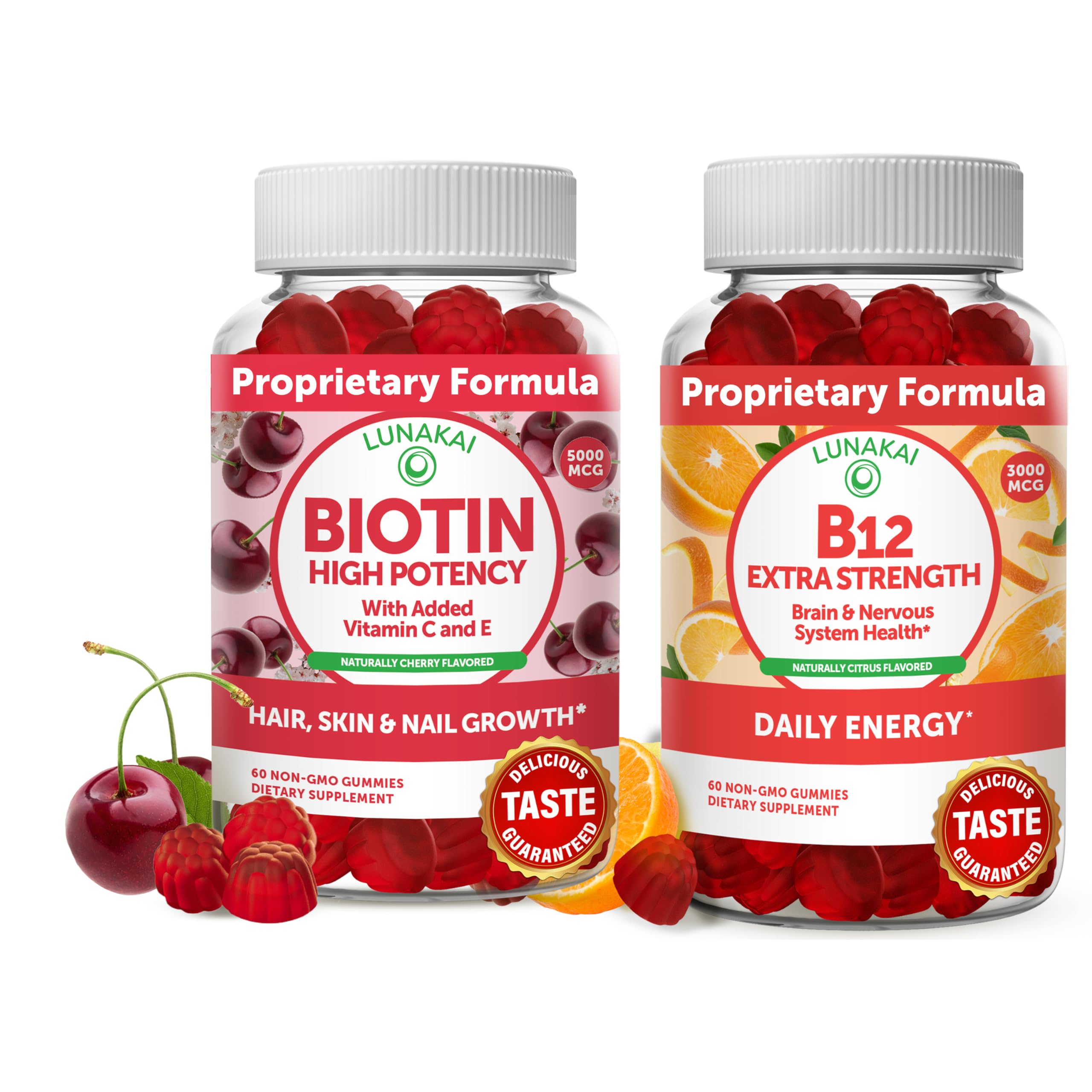 Lunakai Biotin and Vitamin B12 Gummies Bundle - Hair, Skin, and Nails Growth Supplement with Vitamin C & E - Non-GMO Vegan Gummies for Energy Support, Bone Health - 30 Day Supply - Perfect for Daily Wellness & Beauty Routine