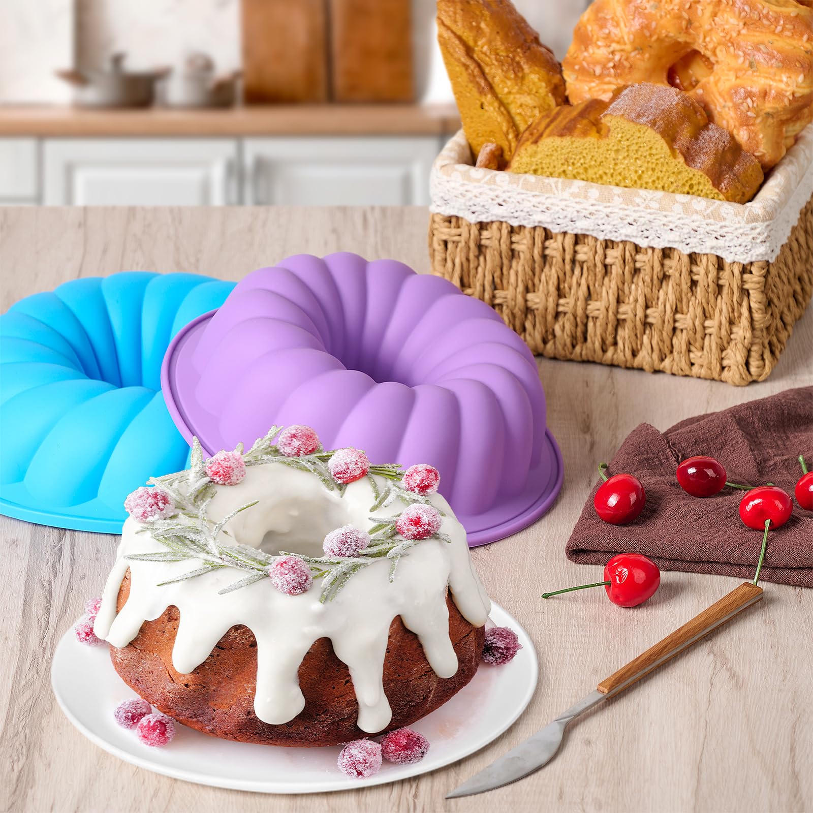 2 Pack Non-Stick Silicone Cake Pans - 8 & 10 Inch Baking Molds for Gelatin, Bundt Cake, Jello, Brownie, Cornbread | Perfect for Home Baking, Party Desserts & Holiday Cooking