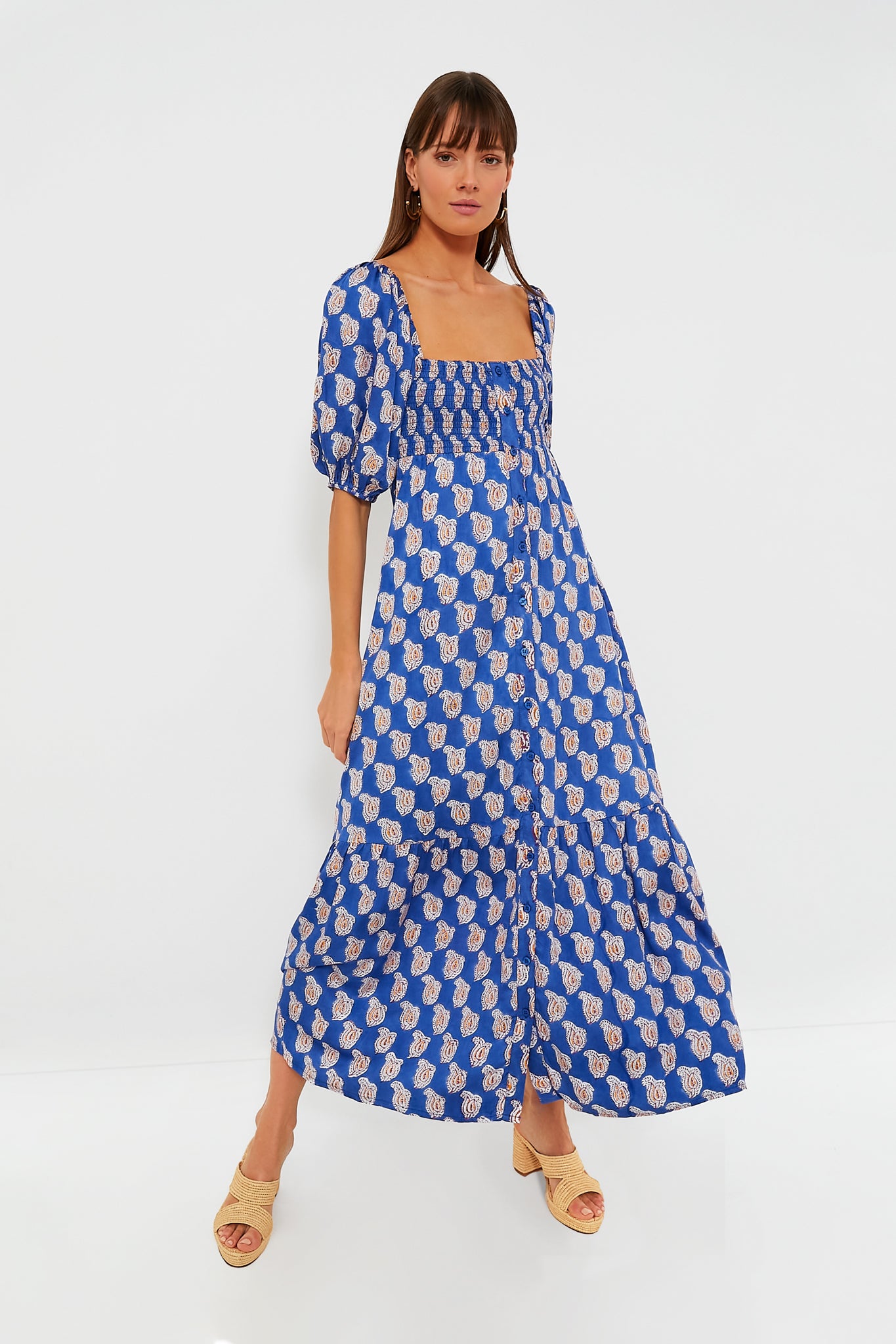 Elegant Blue Paisley Floral Satin Maxi Dress for Women | Summer Beach Wedding Party & Vacation Outfit
