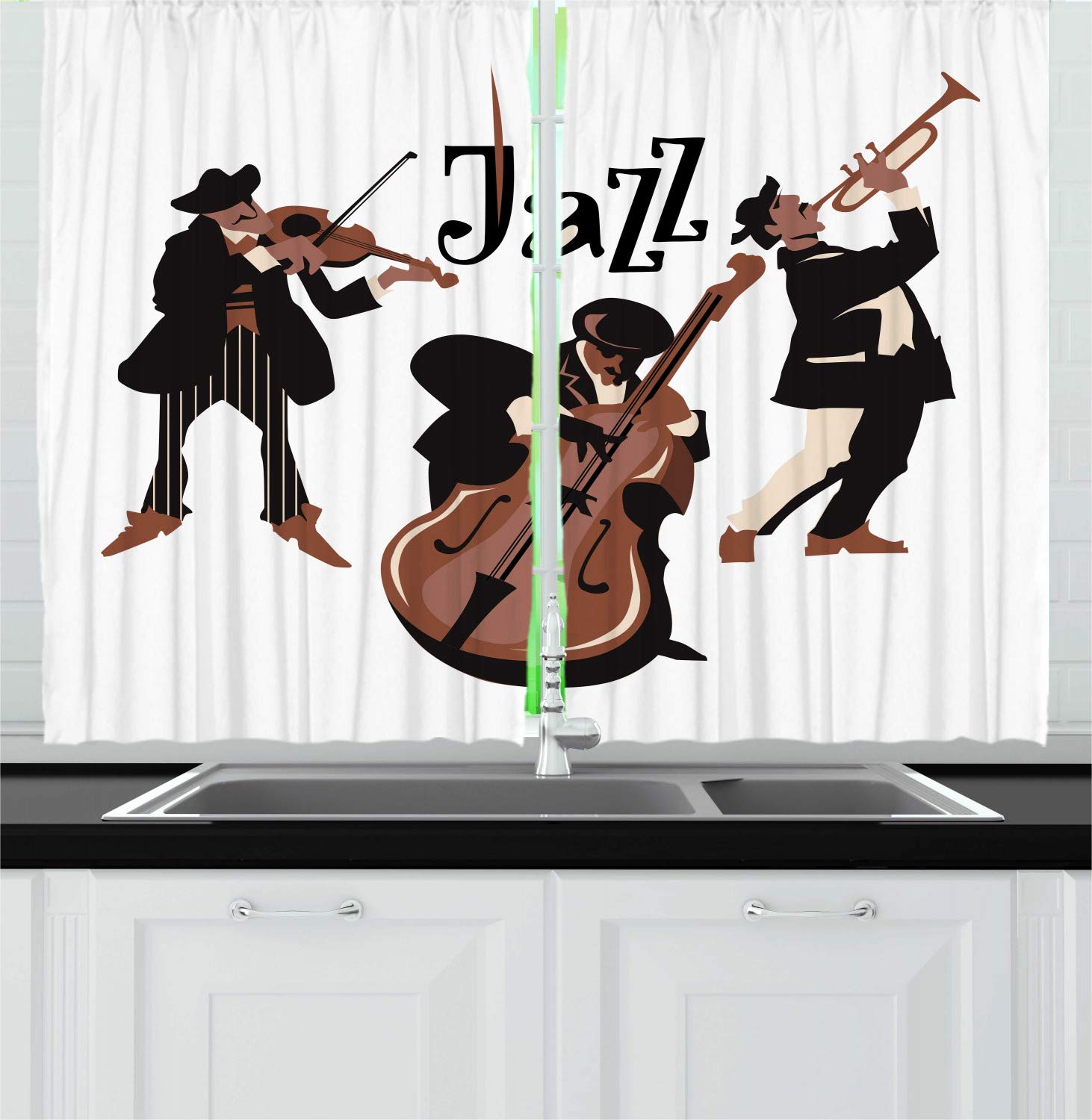 Lunarable Jazz Kitchen Curtains - Jazz Band Musicians Playing Contrabass & Saxophone - 2 Panel Window Drapes Set for Kitchen & Cafe Decor - 55x39 Inches Dark Brown Chocolate - Perfect for Music Lovers' Homes, Jazz Bars & Retro Themed Restaurants