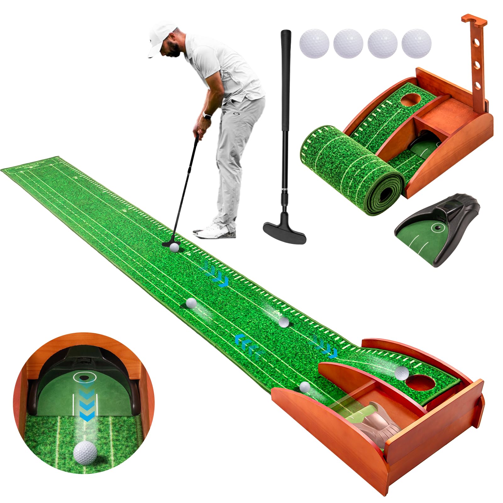 Premium Auto Ball Return Golf Putting Mat - Indoor Putting Green with Crystal Velvet Surface & Solid Wood Base - Perfect for Home, Backyard, Office Practice & Golf Gift Ideas
