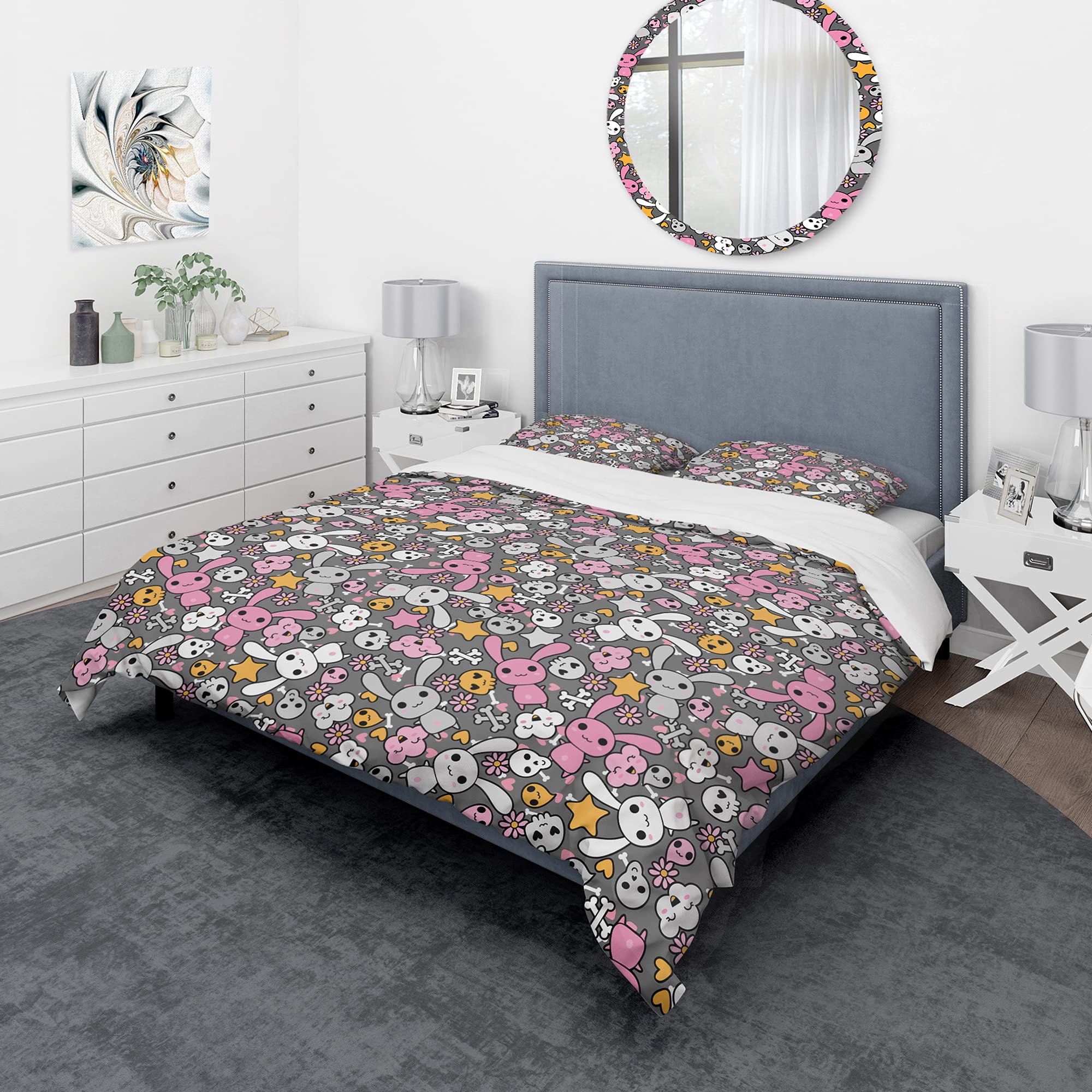 DesignQ 'Little Rabbit Kawaii with Pink Flowers' Floral Duvet Cover Set - Soft Bedding for Girls' Room, Nursery Decor & Kawaii Aesthetic Bedroom