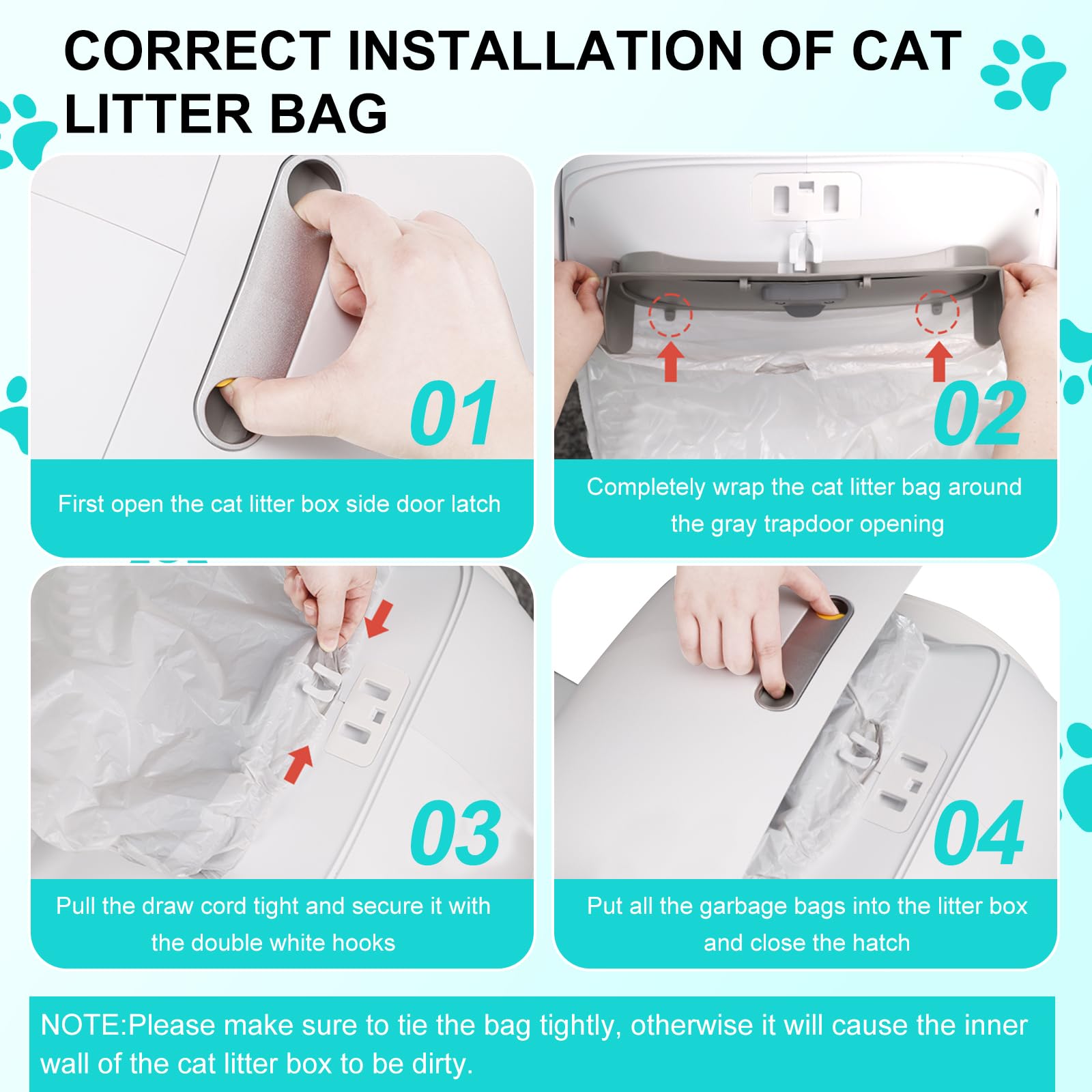 Self Cleaning Cat Litter Box with Liners - Extra Sturdy Drawstring Pet Waste Bags (4 Rolls, 60 Counts, 20