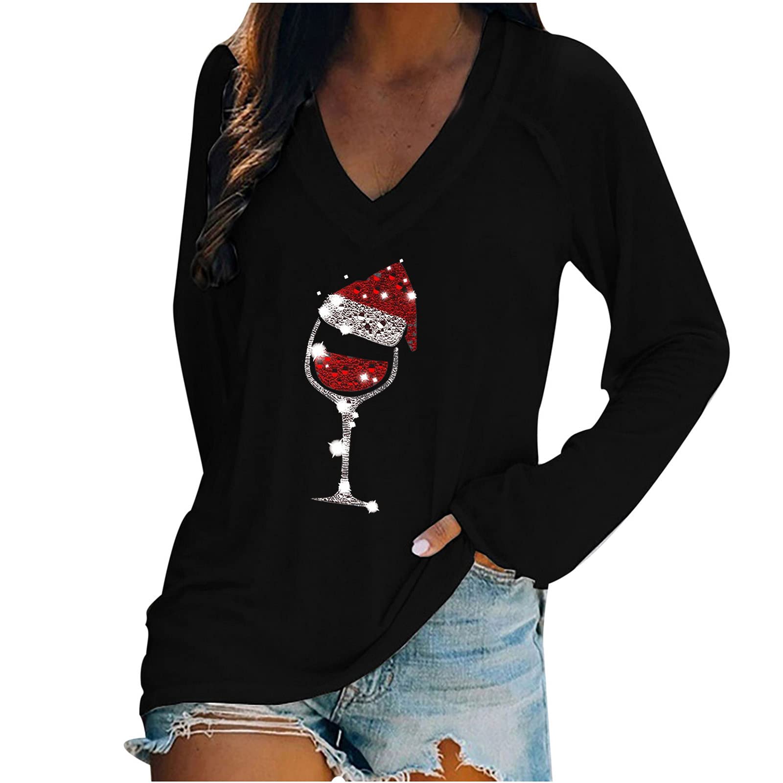 Sparkling Rhinestone Wine Glasses & Santa Hat Christmas T-Shirt for Women - Funny Wine Lover Holiday Sweatshirt with V-Neck & Long Sleeves | Perfect for Christmas Parties, Gift Exchanges & Festive Celebrations