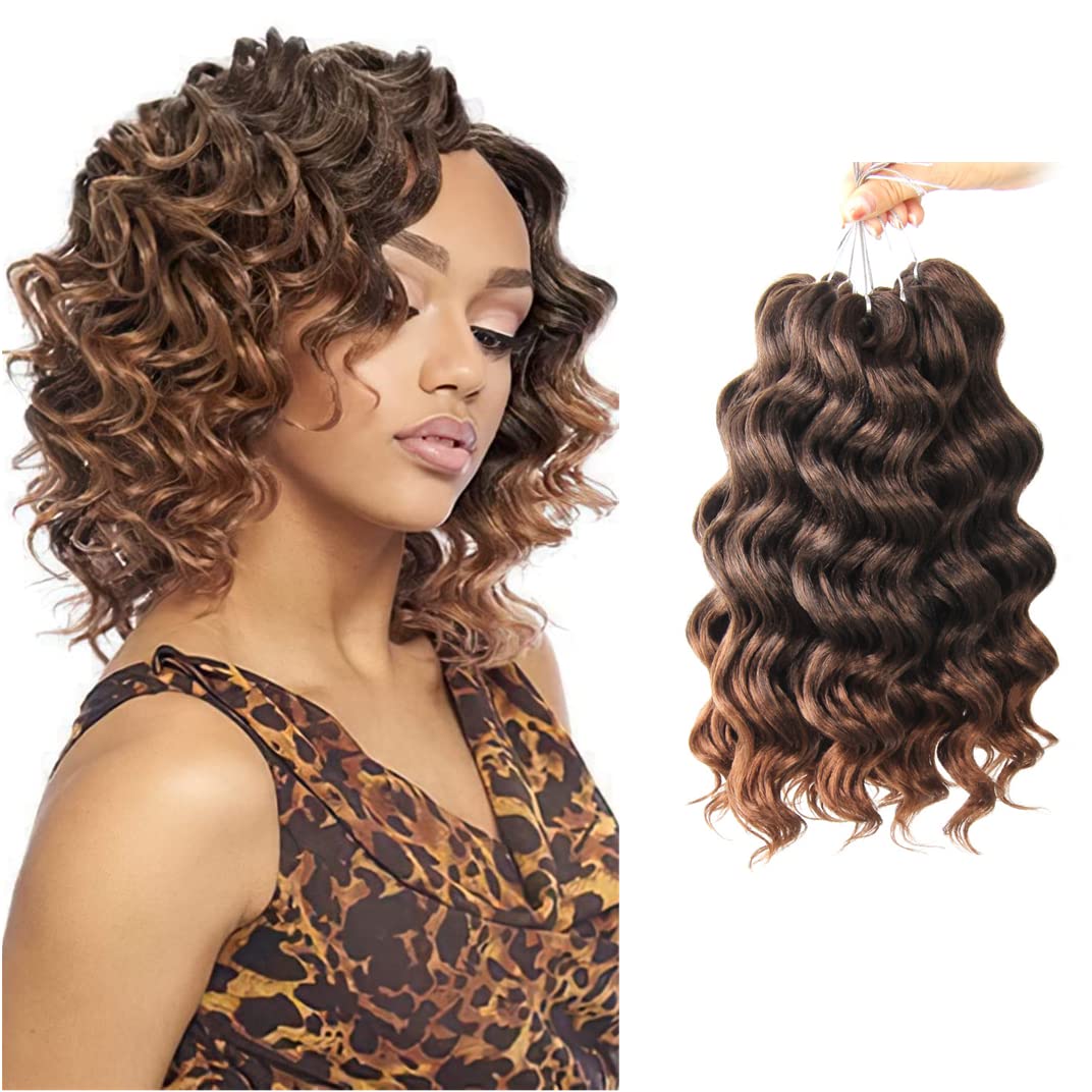 9 Inch Short Ocean Wave Crochet Hair - 8 Packs Synthetic Deep Wave Crochet Braids in T30 Ombre Light Brown | Perfect for Boho Hairstyles, Protective Styling & Everyday Wear
