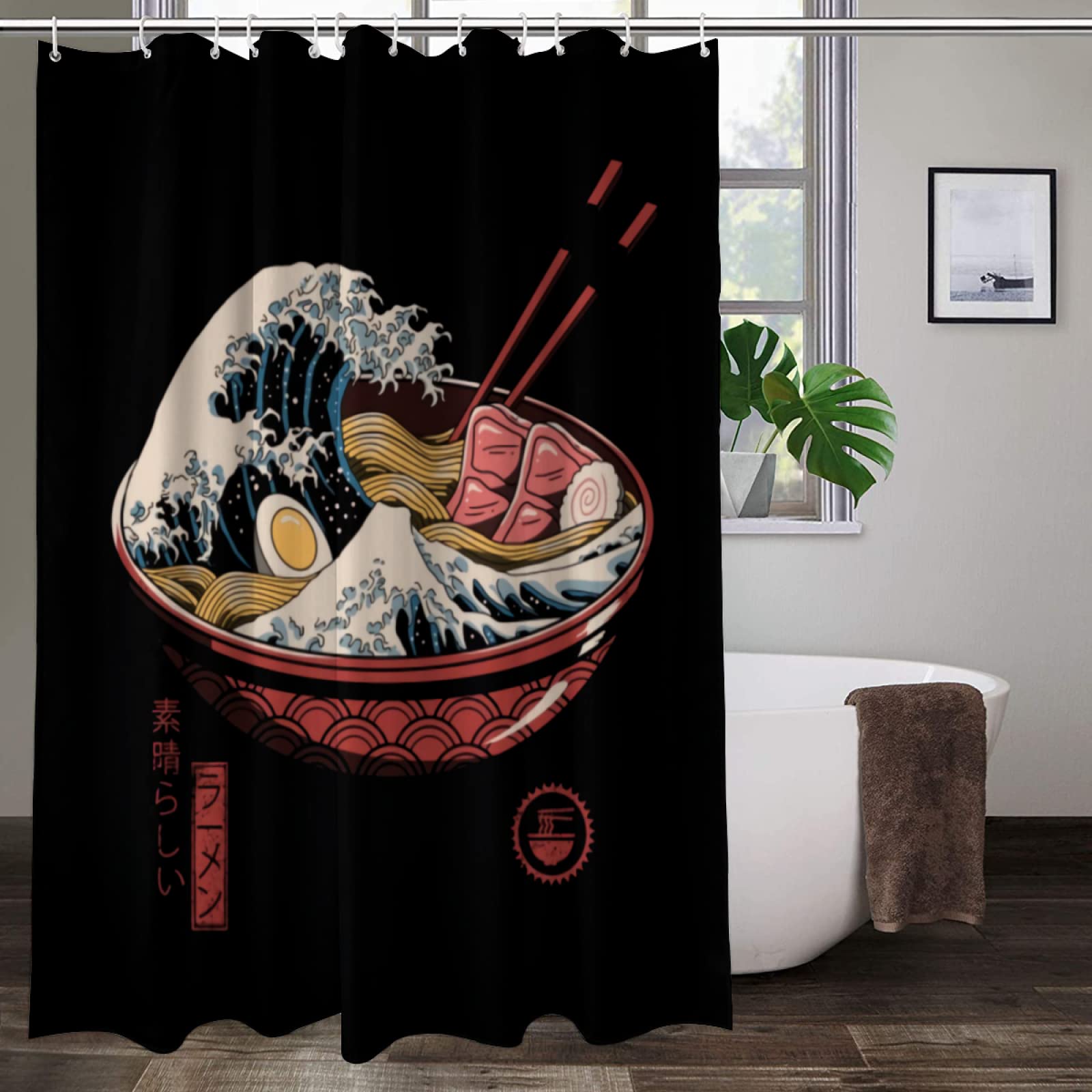 Retro Ramen Wave Print Waterproof Polyester Shower Curtain - 70x70 Inch Bathroom Decor with 12 Hooks | Japanese Noodle Themed Bath Accessory for Vintage Style & Anime Lovers