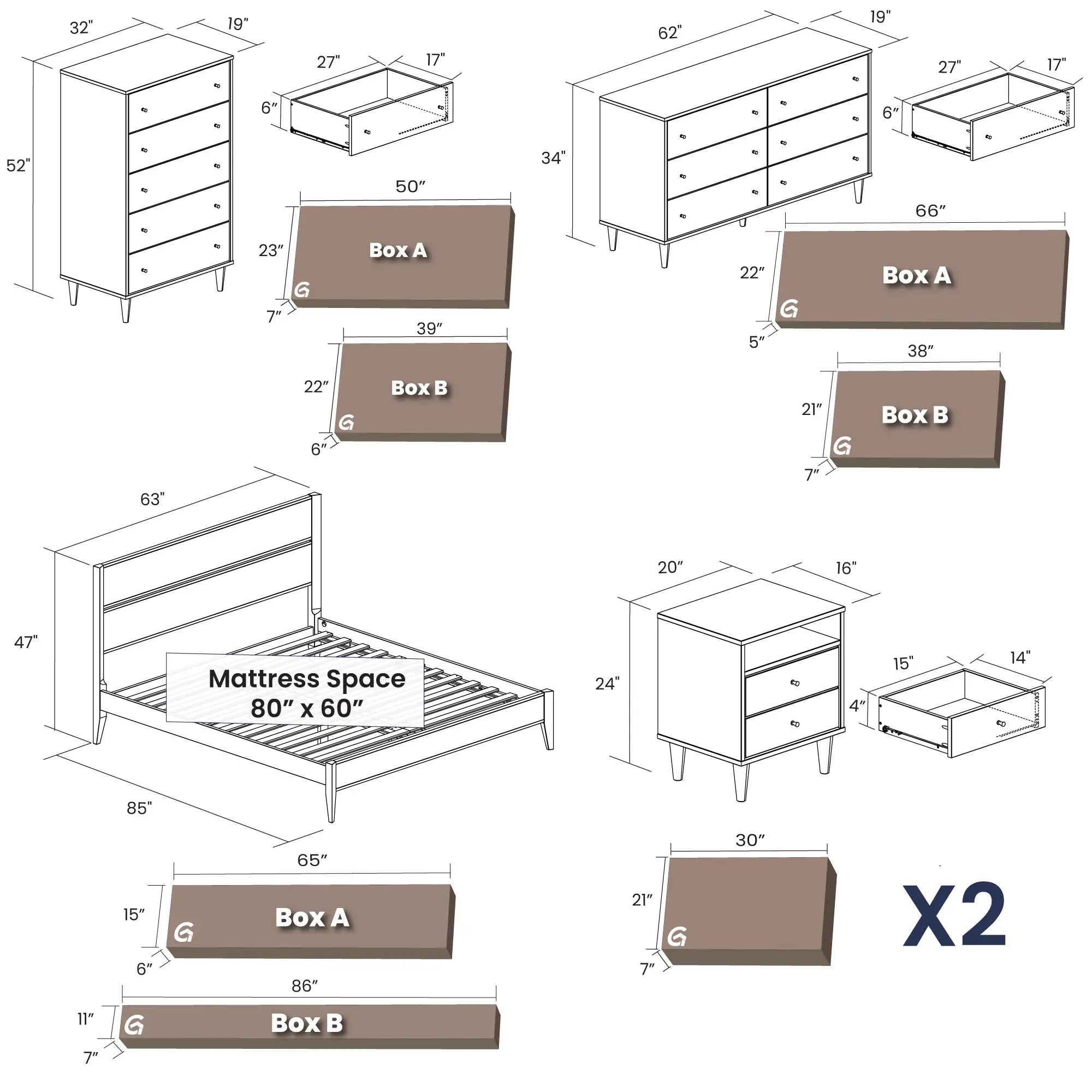 Mid Century Modern Bedroom Set - 5 Piece Brushed Walnut Wood Furniture for Bedroom | Perfect for Master Bedroom, Guest Room & Small Space Decor