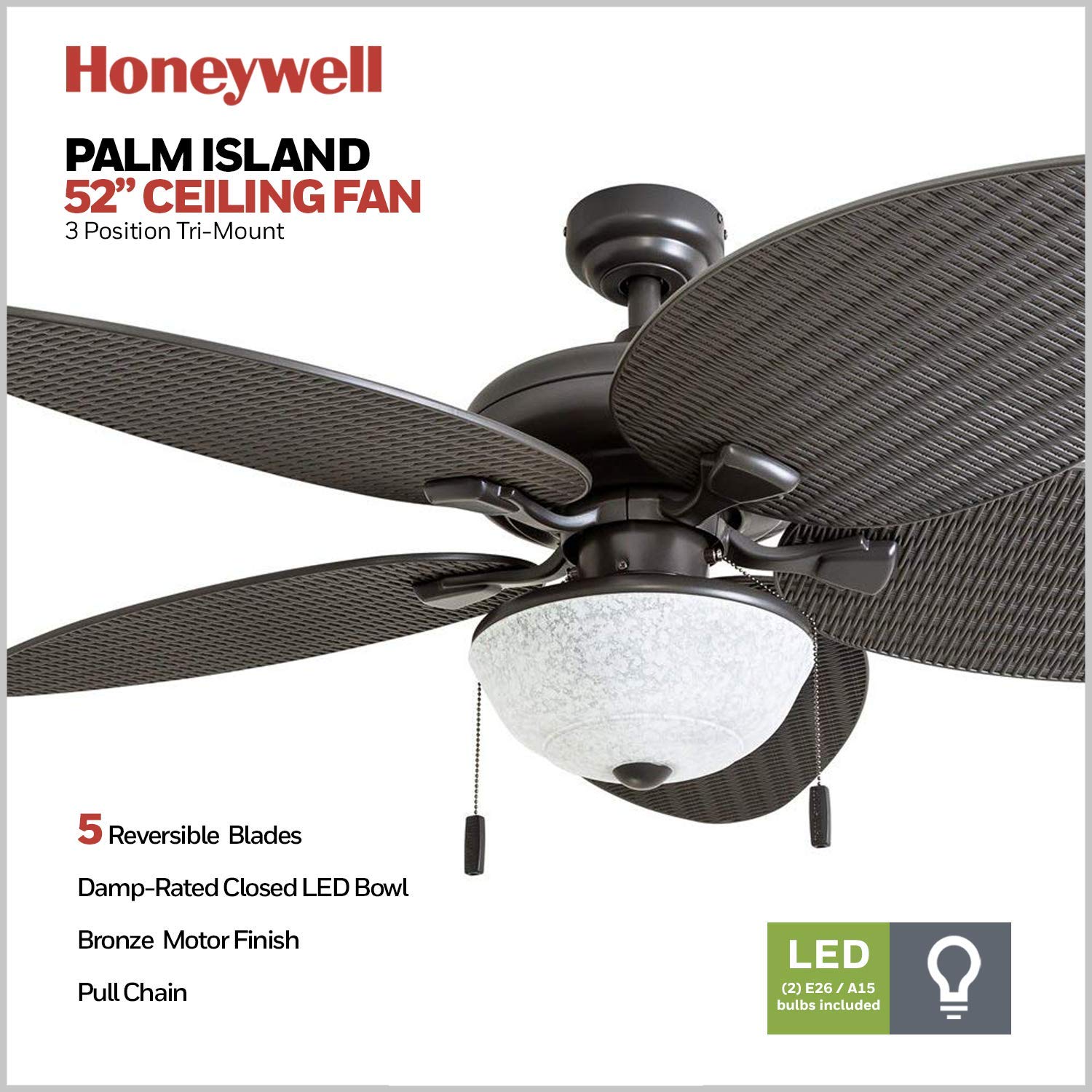 Honeywell 52 Inch Tropical Indoor Outdoor Ceiling Fan with Light Kit, Pull Chain Control, 3 Mounting Options & Weather-Resistant Blades - Bronze (Model 50510-01) - Perfect for Patio, Living Room, Bedroom and Covered Outdoor Spaces