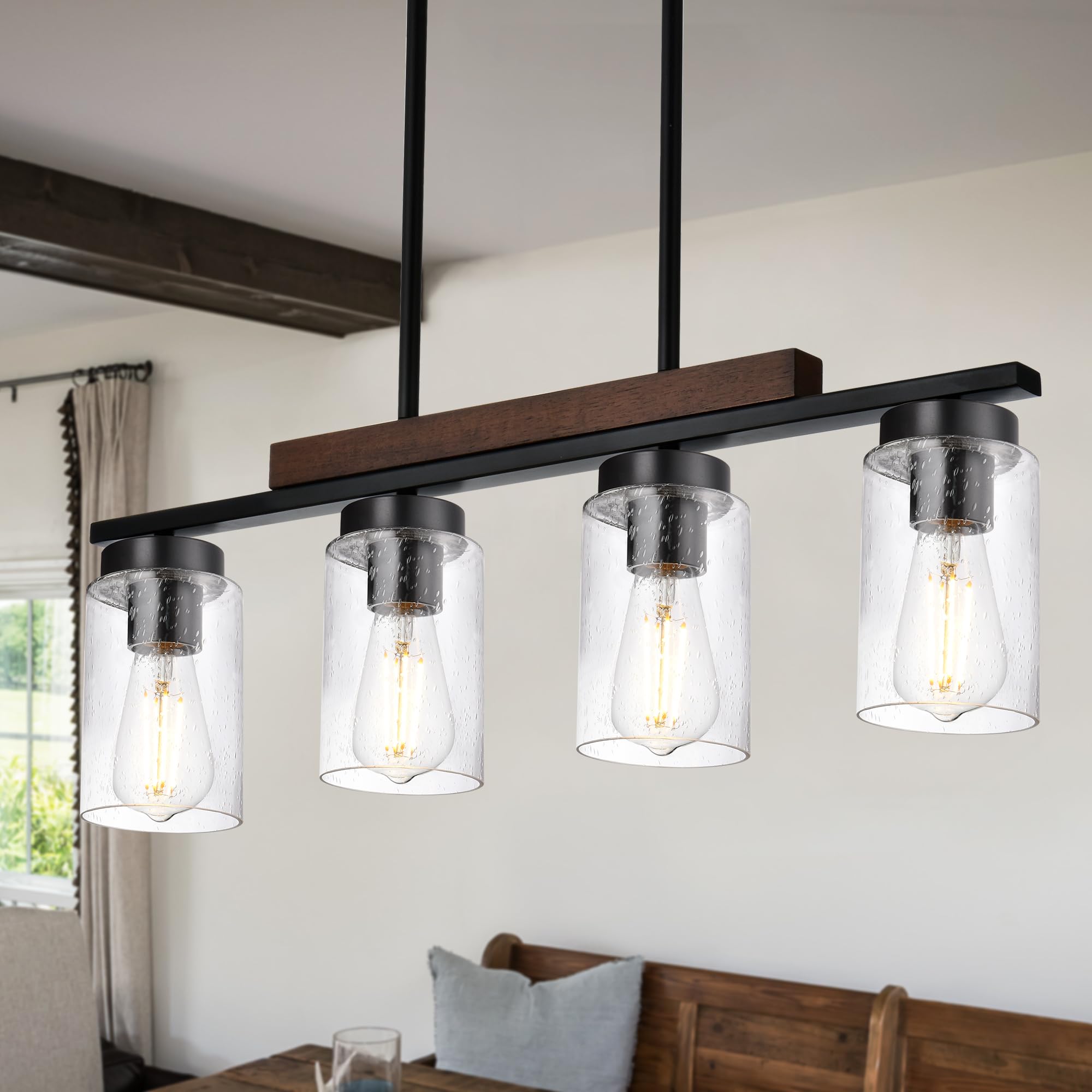 4-Lights Kitchen Island Pendant Light Fixture - Seeded Glass & Solid Wood Frame Linear Chandelier for Dining Room, Living Room - Perfect for Farmhouse, Modern & Industrial Home Decor
