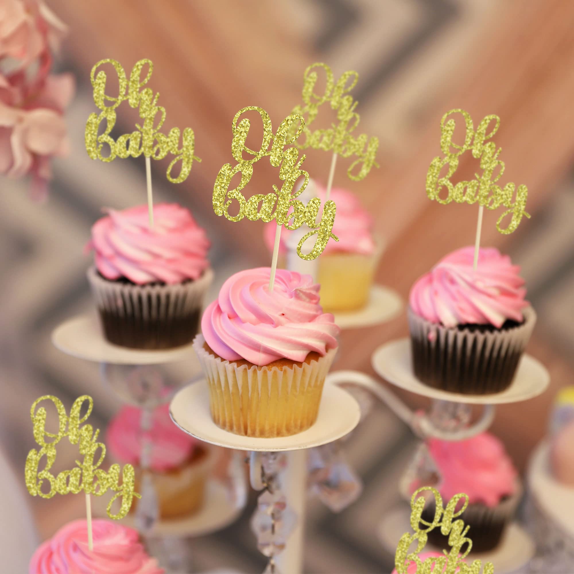 36 Pack Gold Glitter Baby Shower Cupcake Toppers - Oh Baby Cake Decorations for Baby Shower, Kids Birthday Party Supplies (Perfect for Gender Reveal, 1st Birthday & Nursery Themed Celebrations)