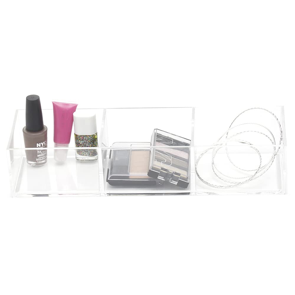 Home Basics 3-Section Clear Plastic Cosmetic Organizer | Simple Design Bathroom & Dresser Storage | Jewelry & Makeup Organizer for Vanity, Travel, and Daily Use