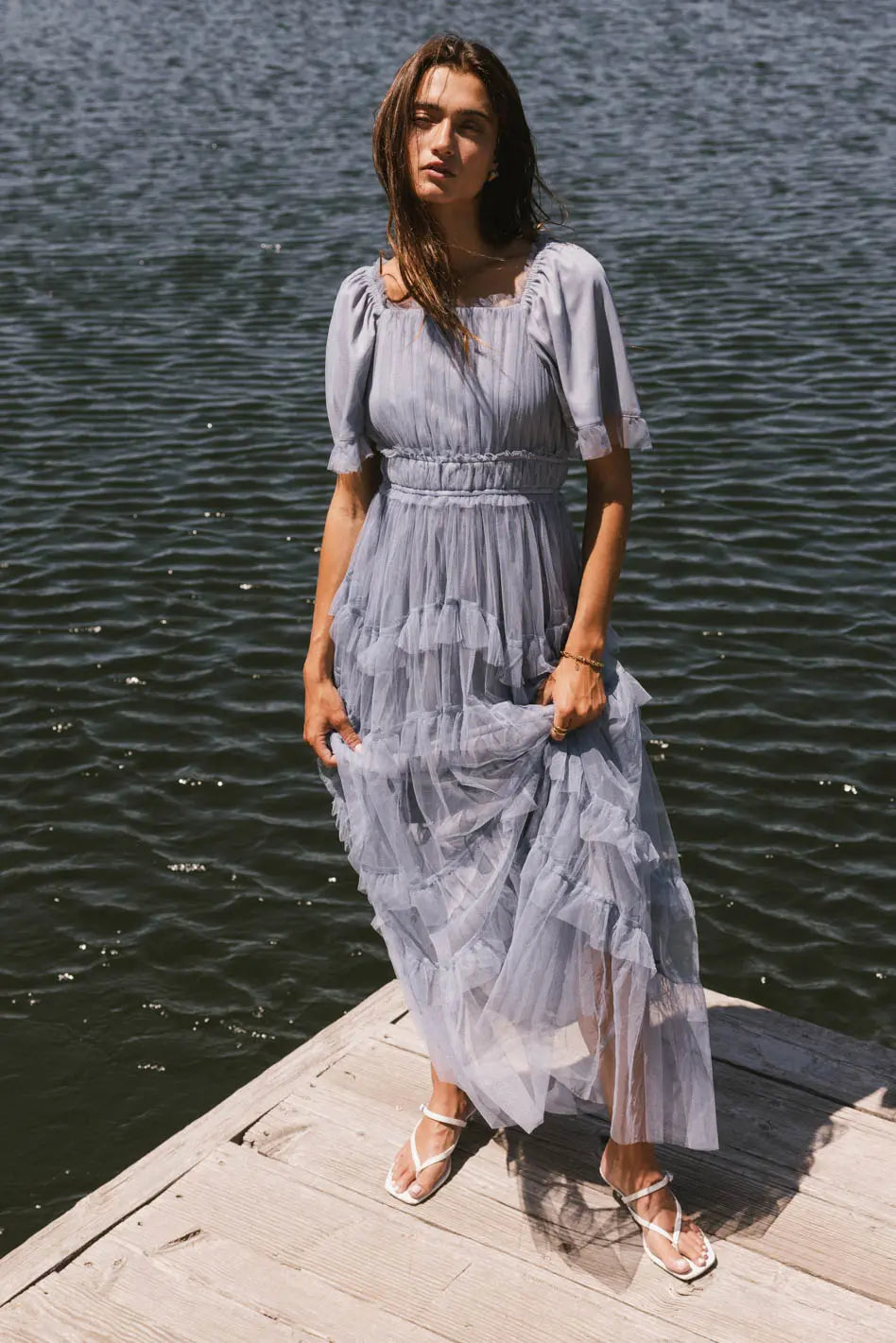Eugena Blue Ruffled Maxi Dress for Women - Elegant Flowy Summer Beach Dress, Perfect for Vacations, Weddings & Evening Parties
