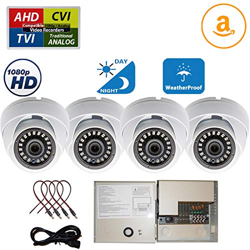 Evertech 4 Pack 1080p HD Weatherproof Dome Security Cameras - Wide Angle Lens, Night Vision, Indoor/Outdoor Surveillance System with 4-Channel 3A PTC Fuse CCTV Metal Power Supply Box - Ideal for Home, Office & Business Security Monitoring