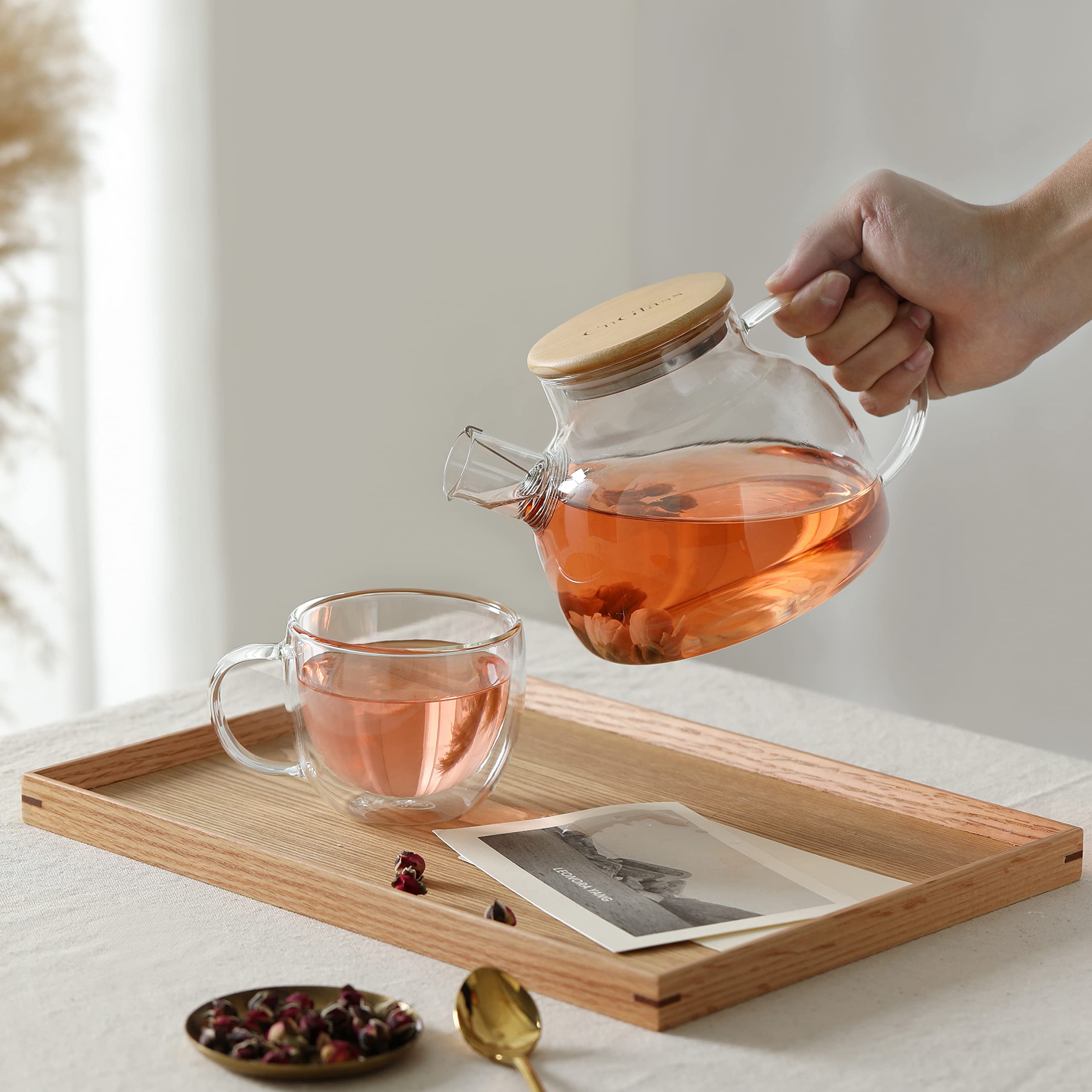 Premium Glass Teapot with Removable Filter - 30.4oz Stovetop Safe Clear Teapot for Loose Leaf & Blooming Tea - Perfect for Home, Office & Tea Ceremonies