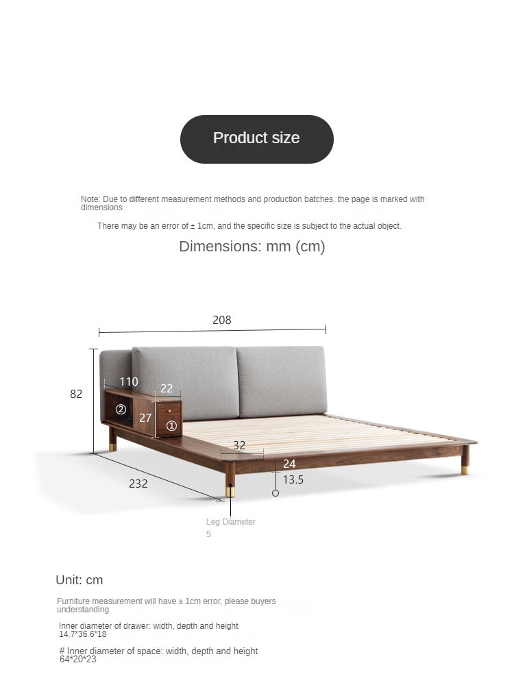 Premium Black Walnut Solid Wood Bed Frame - Luxury Multifunctional Soft Bed for Master Bedroom & Guest Room - Modern & Stylish Home Furniture