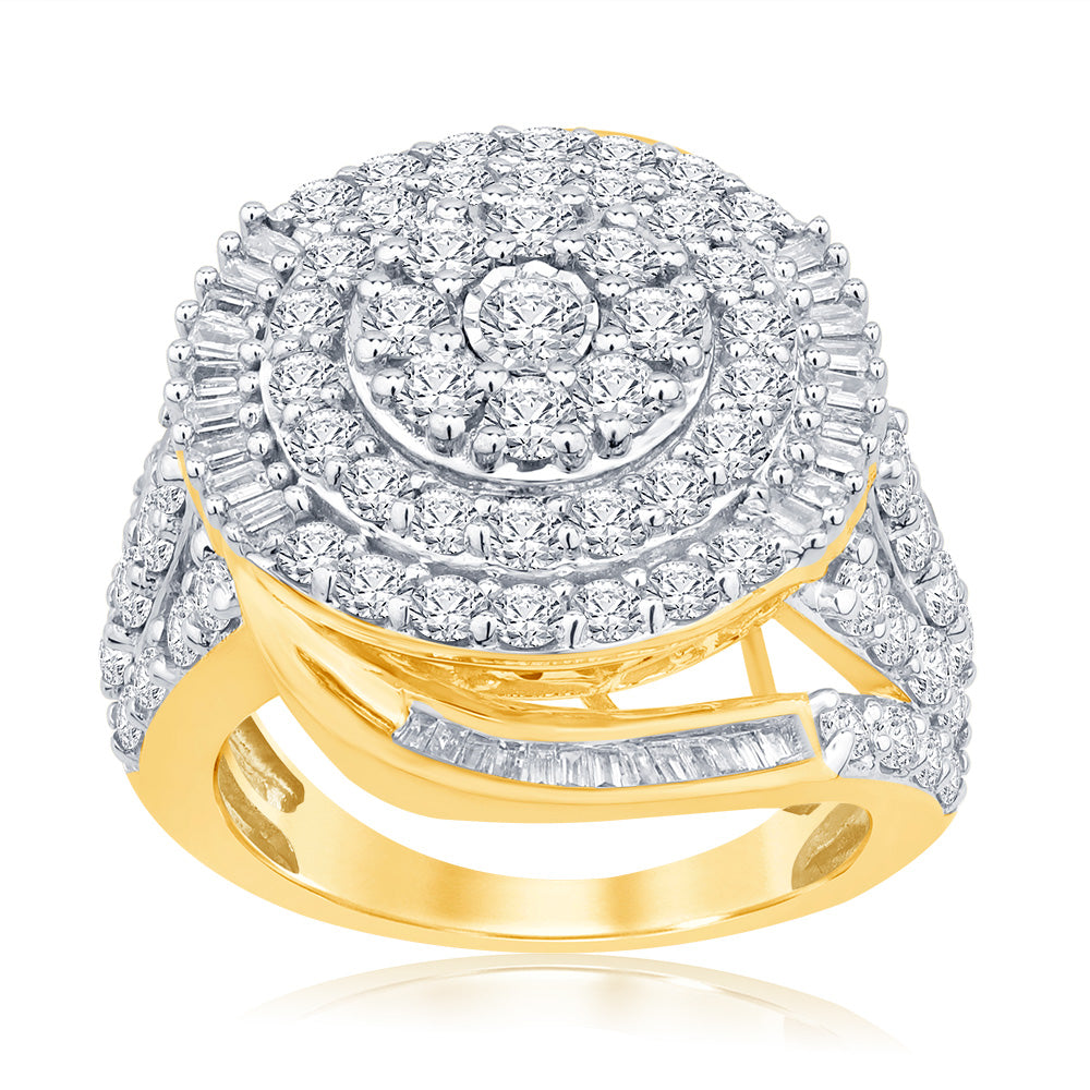 9ct Yellow Gold 3 Carat Round Diamond Cluster Ring with Brilliant Cut Diamonds for Engagement, Wedding & Anniversary Gifts