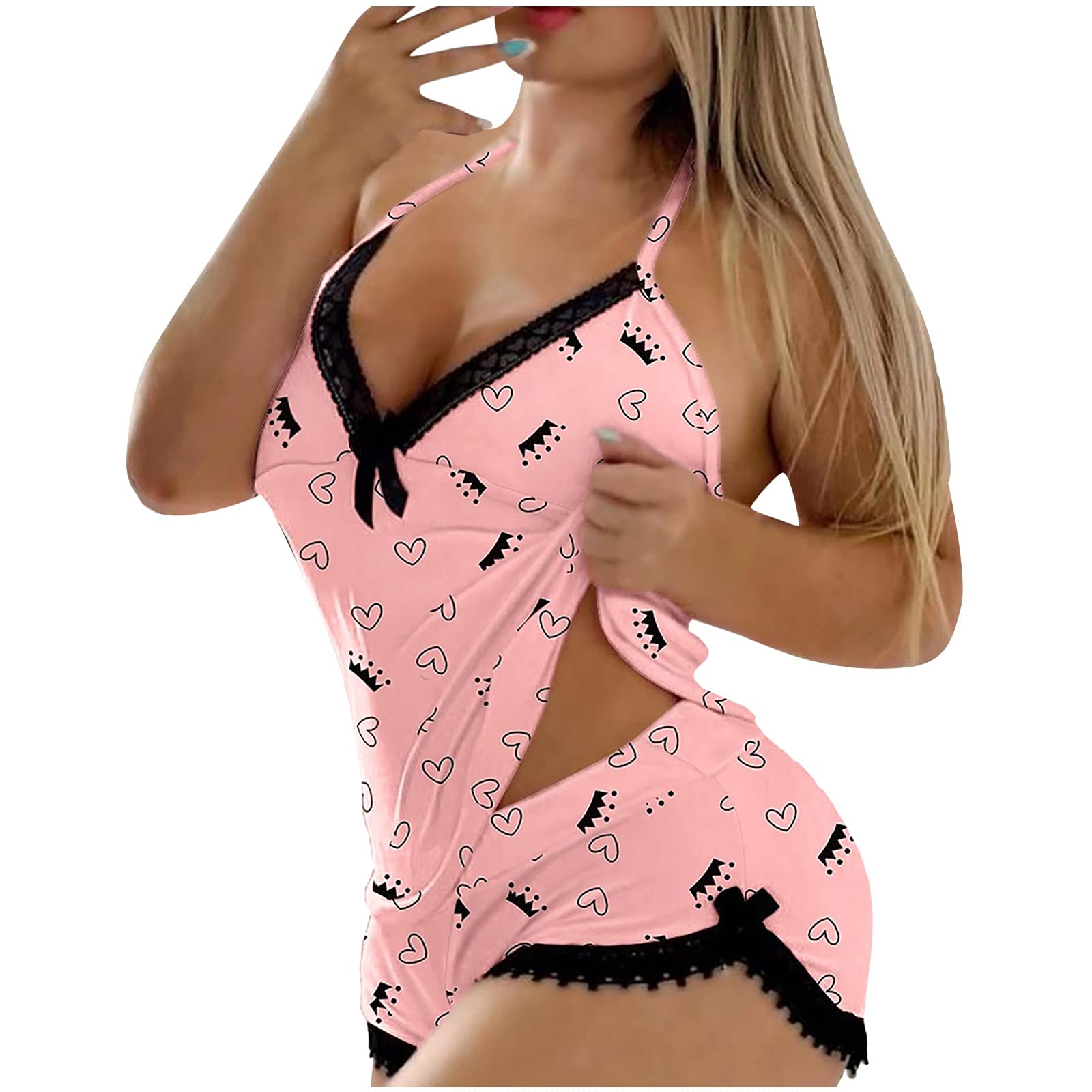 Sexy Deep V-Neck Lace Lingerie Set for Women - Halter Cami Top & Plaid Shorts 2-Piece Pajama Sleepwear Set | Perfect for Date Night, Boudoir Photoshoot & Romantic Getaway