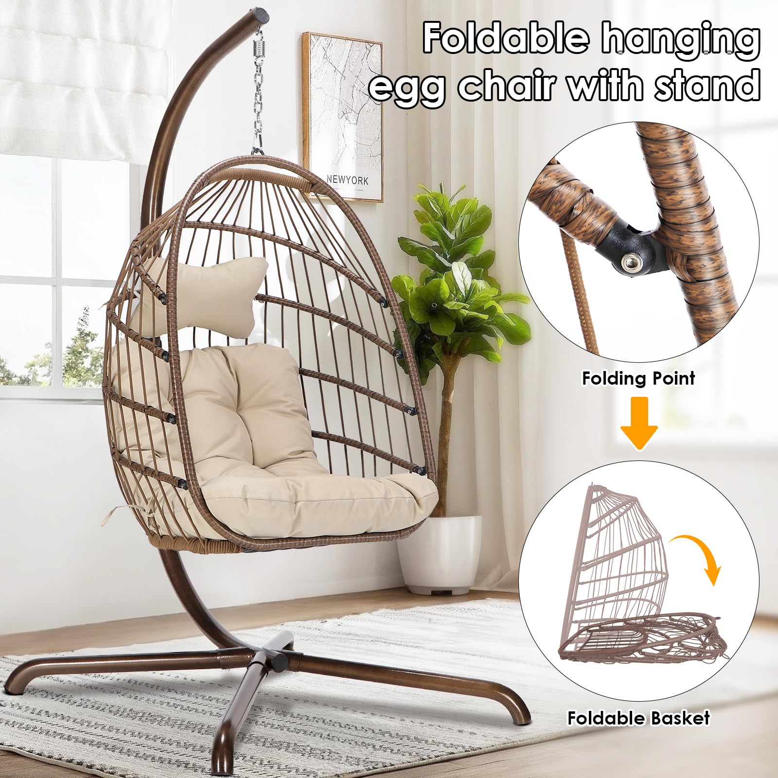 Outdoor Hanging Egg Chair with Stand - 350lbs Capacity PE Rattan Wicker Swing Chair with Waterproof Cushions, Foldable Basket Design for Patio, Garden, Bedroom & Indoor Use (Brown) | Perfect for Relaxing, Reading & Lounging in Backyard or Sunroom