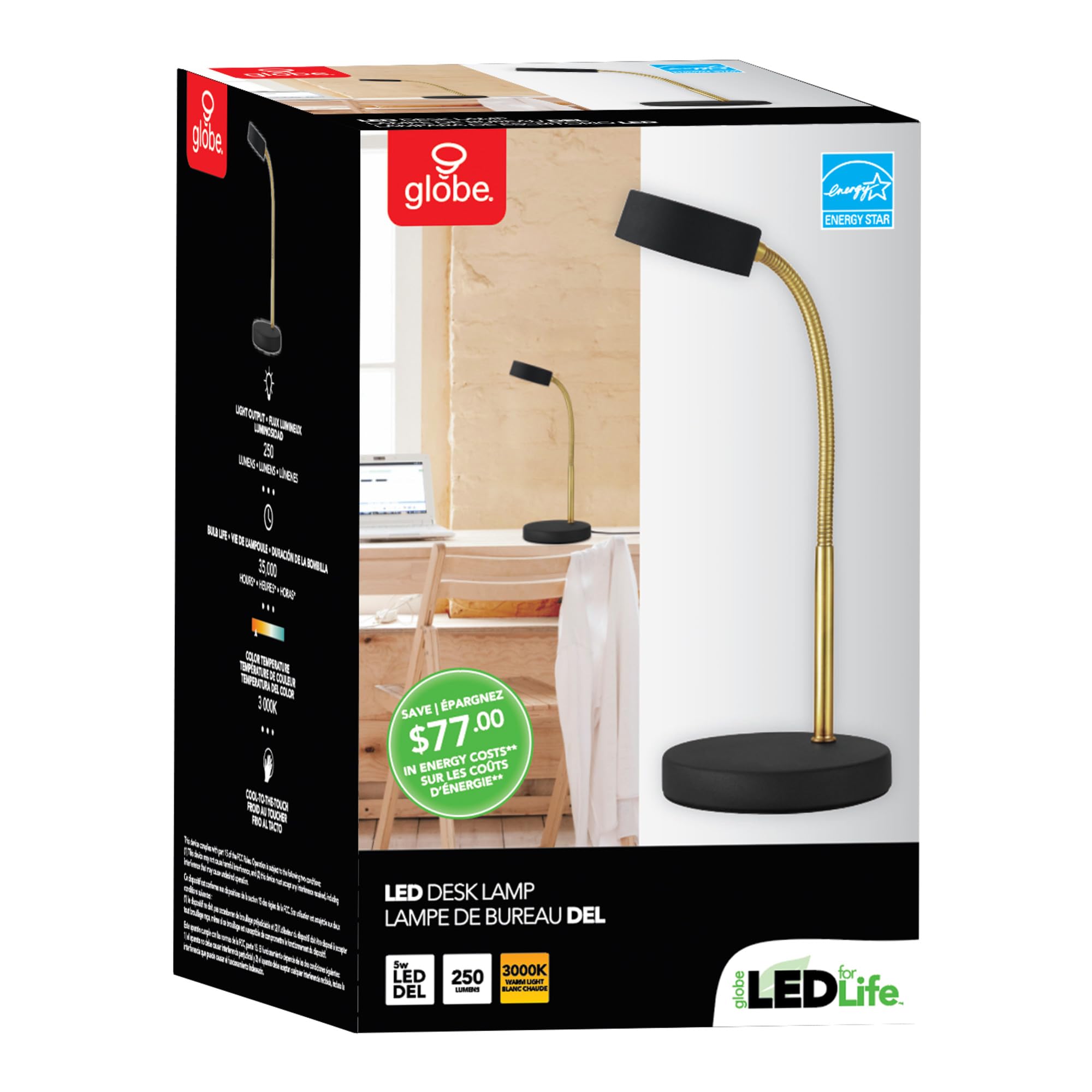 Globe Electric 30061 Gold Gooseneck Desk Lamp with Matte Black Finish - 5W Energy Star LED, 250 Lumens, 15.45