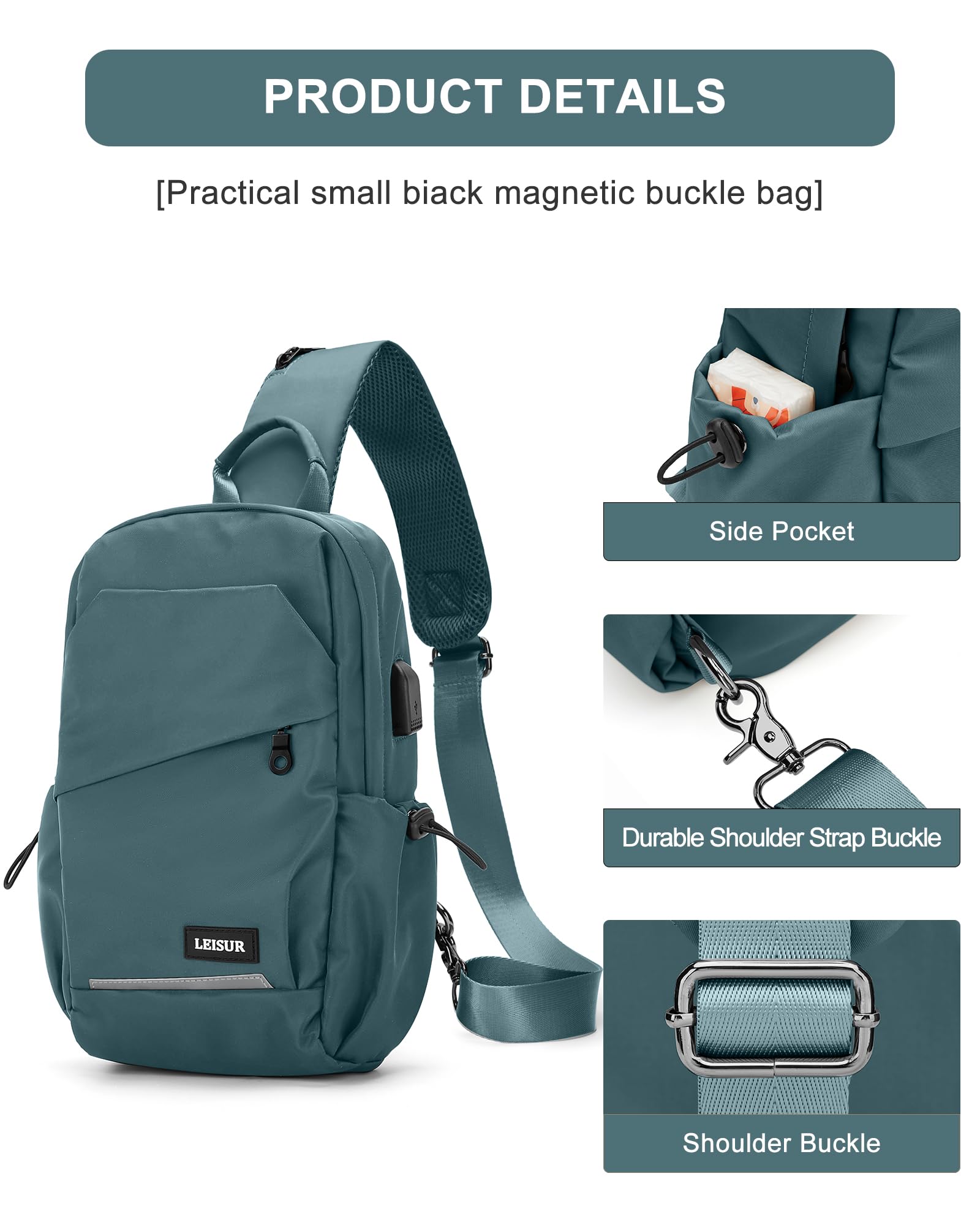 Lightweight Crossbody Sling Bag for Men & Women - Compact Shoulder Backpack with USB Charger Port, Perfect for Travel, Hiking, Gym & Daily Use - Peacock Blue