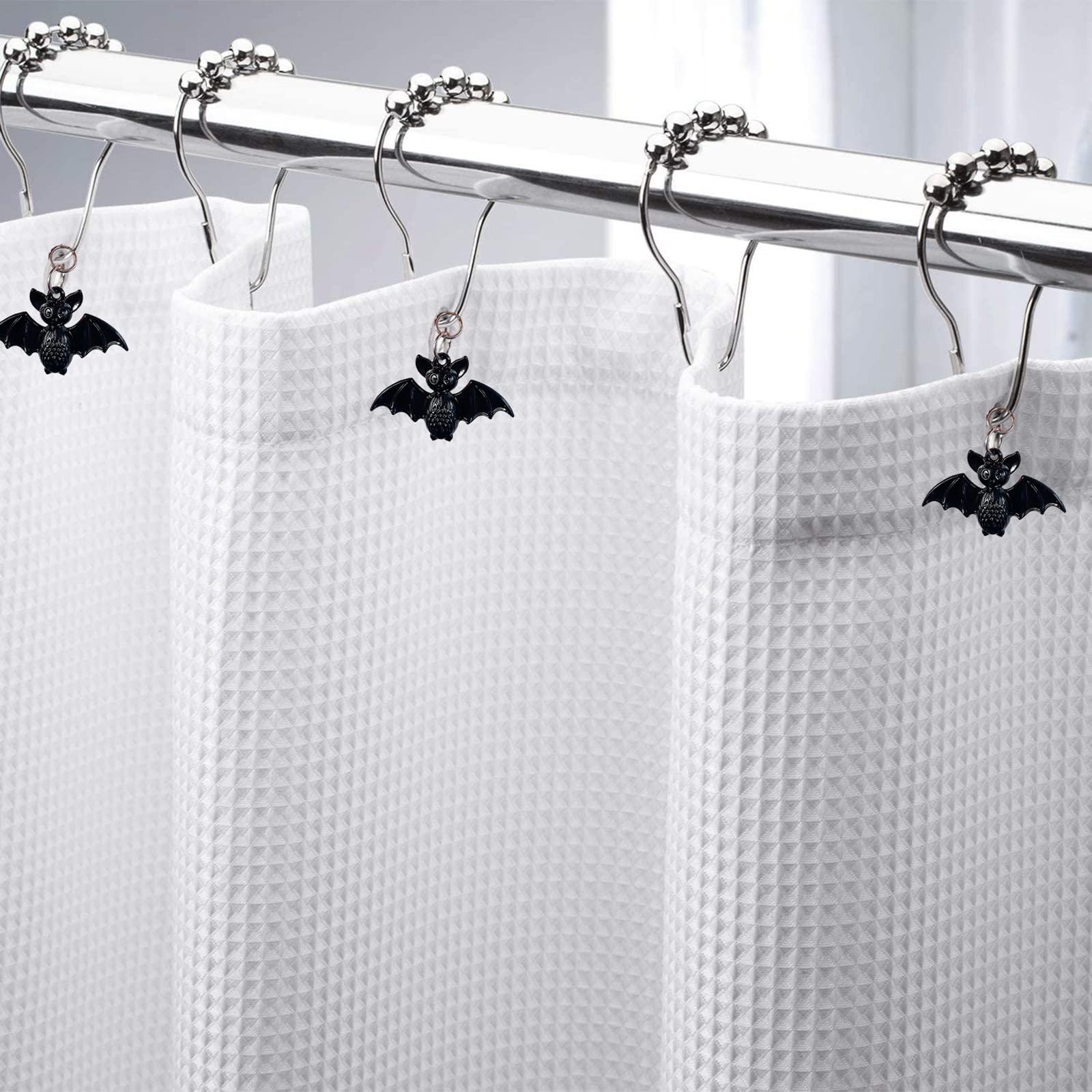 12 Pack Bat Shower Curtain Hooks - Rustproof Metal Halloween Bat Shower Rings for Bathroom Rods, Spooky Bathroom Decor for Halloween Party & Gothic Home Decor - Perfect for Themed Bathrooms & Haunted House Decorations (Black)