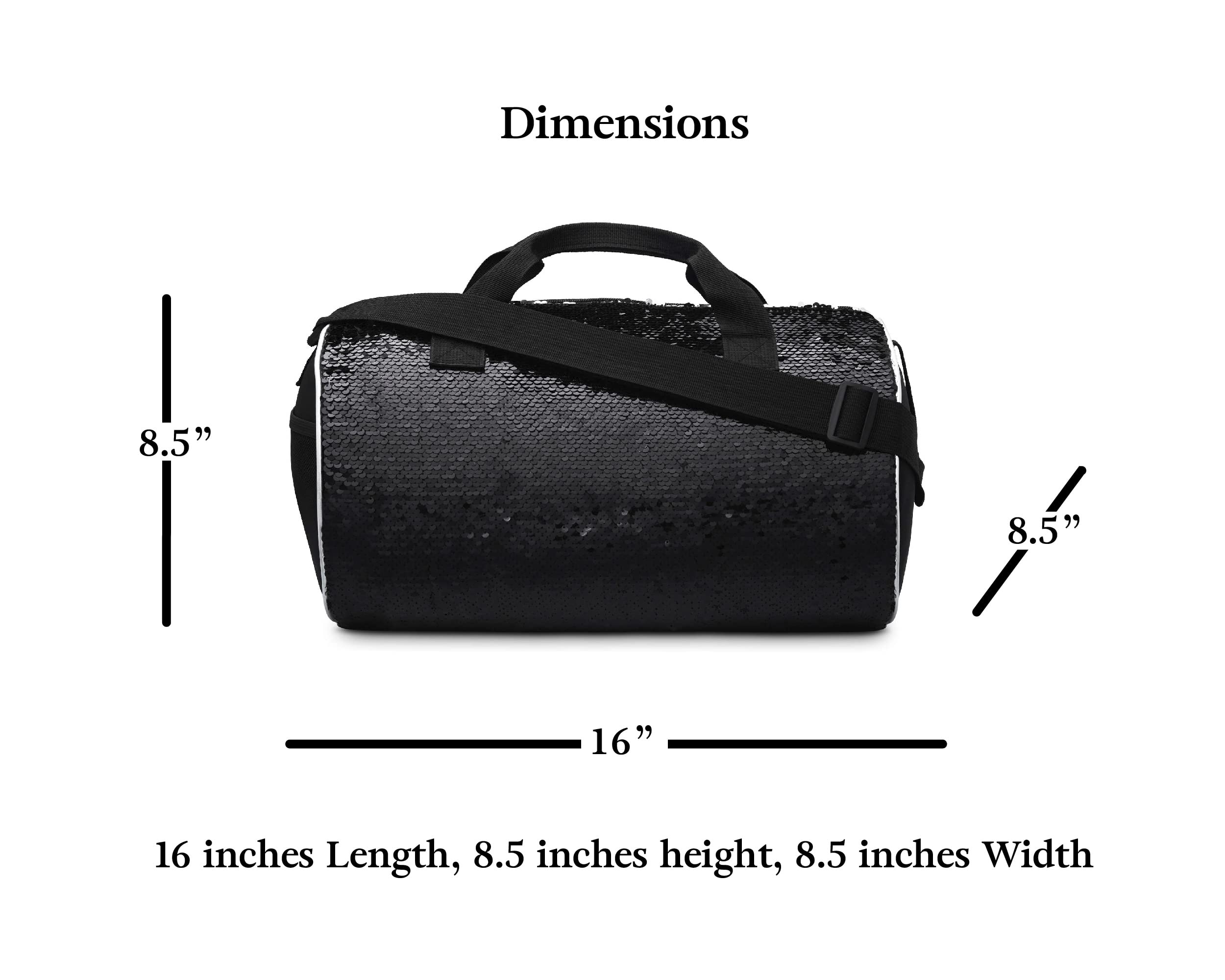 Reversible Sequin Dance Duffle Bag for Girls Kids Teens - Adjustable Carry On Weekender Travel Bag with Handy Pouch (16 Inch, Black Silver) | Perfect for Dance Classes, Sleepovers & Weekend Getaways
