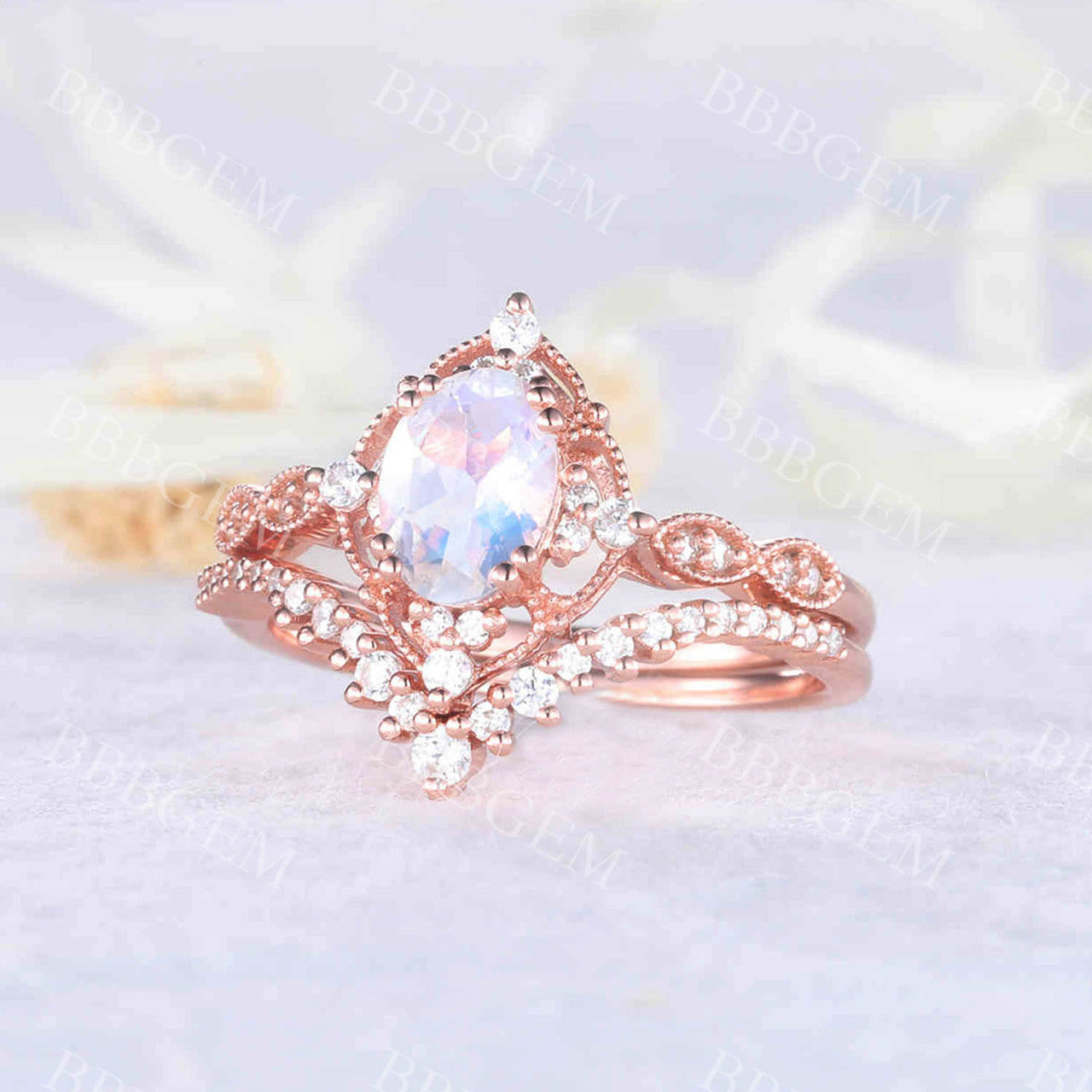 Antique Art Deco Moonstone Engagement Ring Set in Rose Gold - Oval Faceted Moonstone with Milgrain Detailing for Bridal & Wedding Jewelry | Perfect for Vintage-Inspired Proposals & Anniversary Gifts