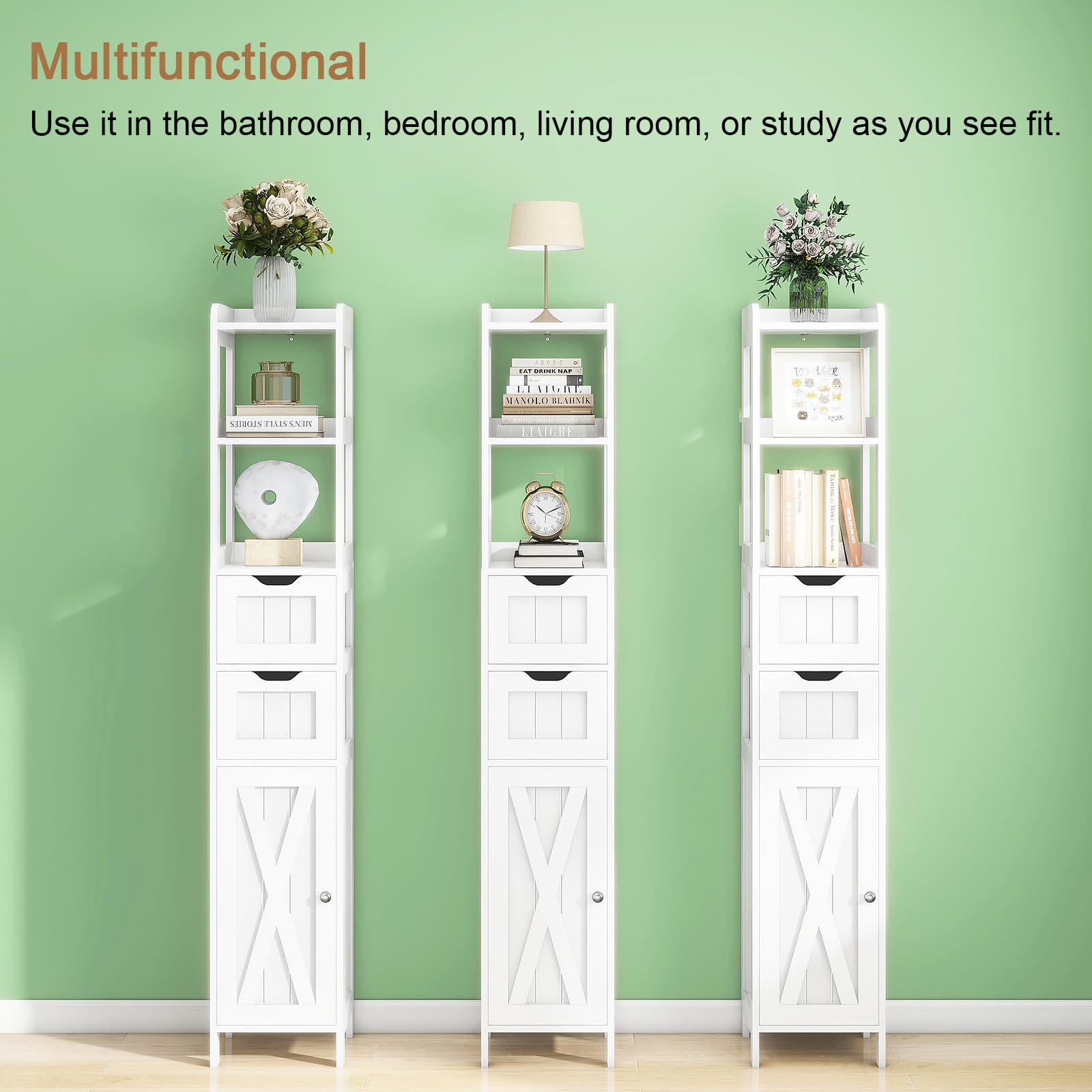 Freestanding Narrow Tall Bathroom Cabinet with Door & Adjustable Shelf - Multifunctional Floor Storage with 2 Drawers, White - Perfect for Small Bathrooms, Bedrooms & Laundry Rooms