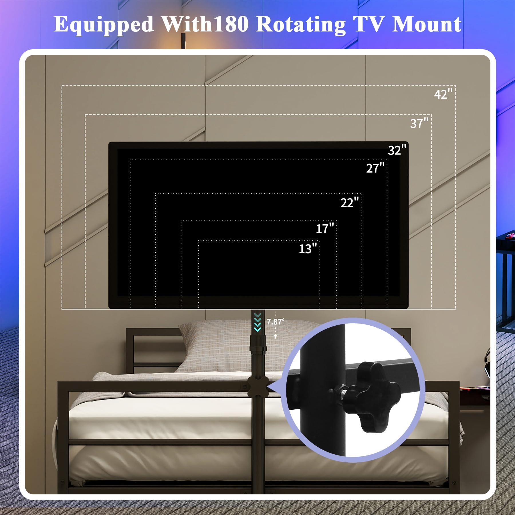 Anwick Twin Gaming Bed with TV Lift & LED Lights, Metal Bed Frame with TV Mount for 13-42 Inch TVs, Storage & Ventilated Console Rack - Perfect for Gamers, Teens & Small Bedrooms (Twin Size)