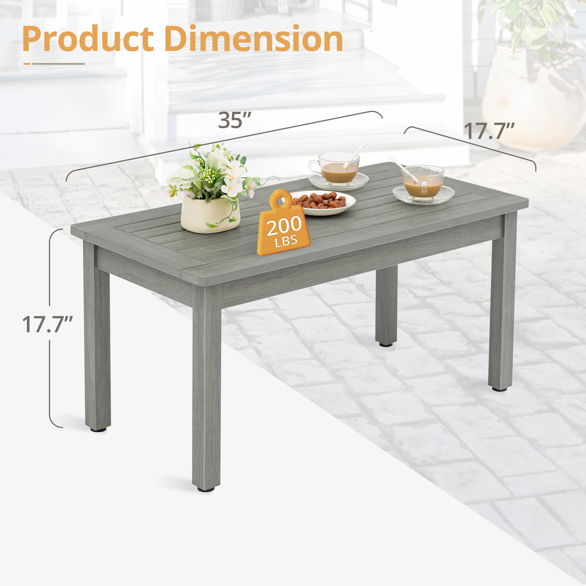 LUE BONA Outdoor Coffee Table Rectangle - All-Weather HDPS Patio Coffee Table with Slatted Tabletop for Deck, Garden, Balcony - Indoor/Outdoor Use - Light Gray | Perfect for Backyard Relaxation, Poolside Lounging & Outdoor Entertaining