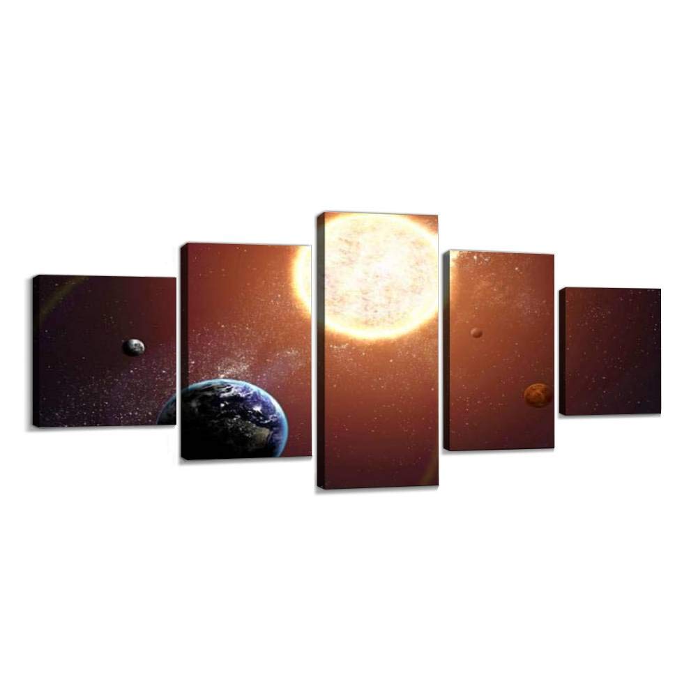 5 Panel Solar System Wall Art Canvas Print - Modern Abstract Planets & Sunburst Illustration - Stretched & Framed Ready to Hang (60''W x 32''H) - Perfect for Living Room, Bedroom, or Office Decor