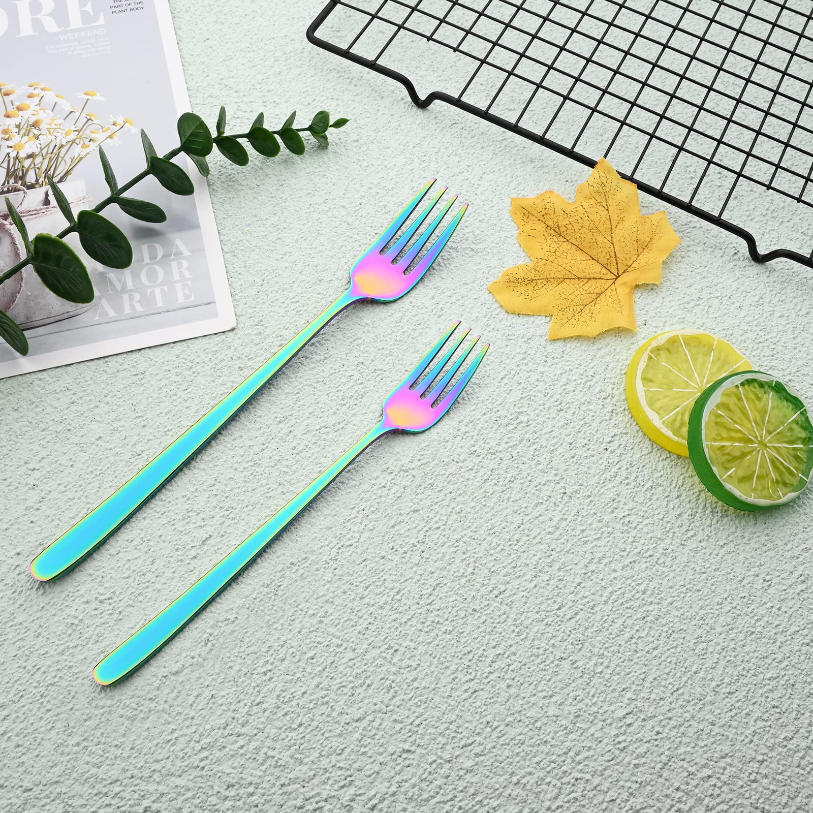 30-Piece Korean Style Silverware Set - Reusable SUS304 Stainless Steel Fork & Spoon Set - Mirror Finish Rainbow Utensils - Dishwasher Safe & Portable Flatware for Picnics, Parties & Home Dining