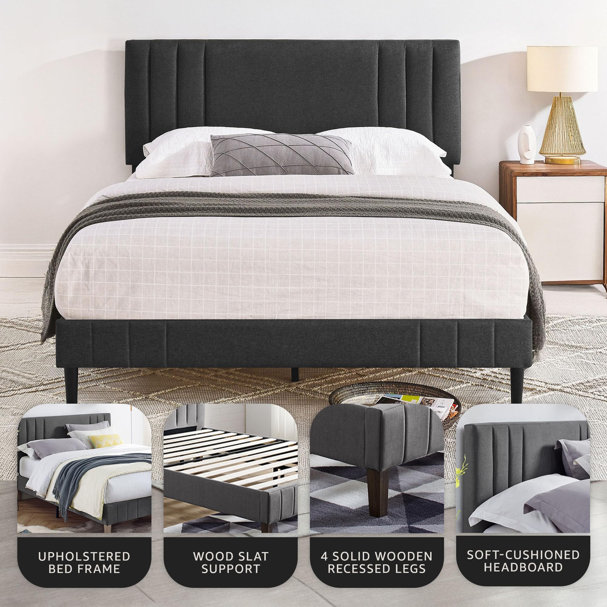 Chicago Modern Tufted Upholstered King Size Bed Frame with Platform - Dark Grey for Master Bedroom & Guest Room