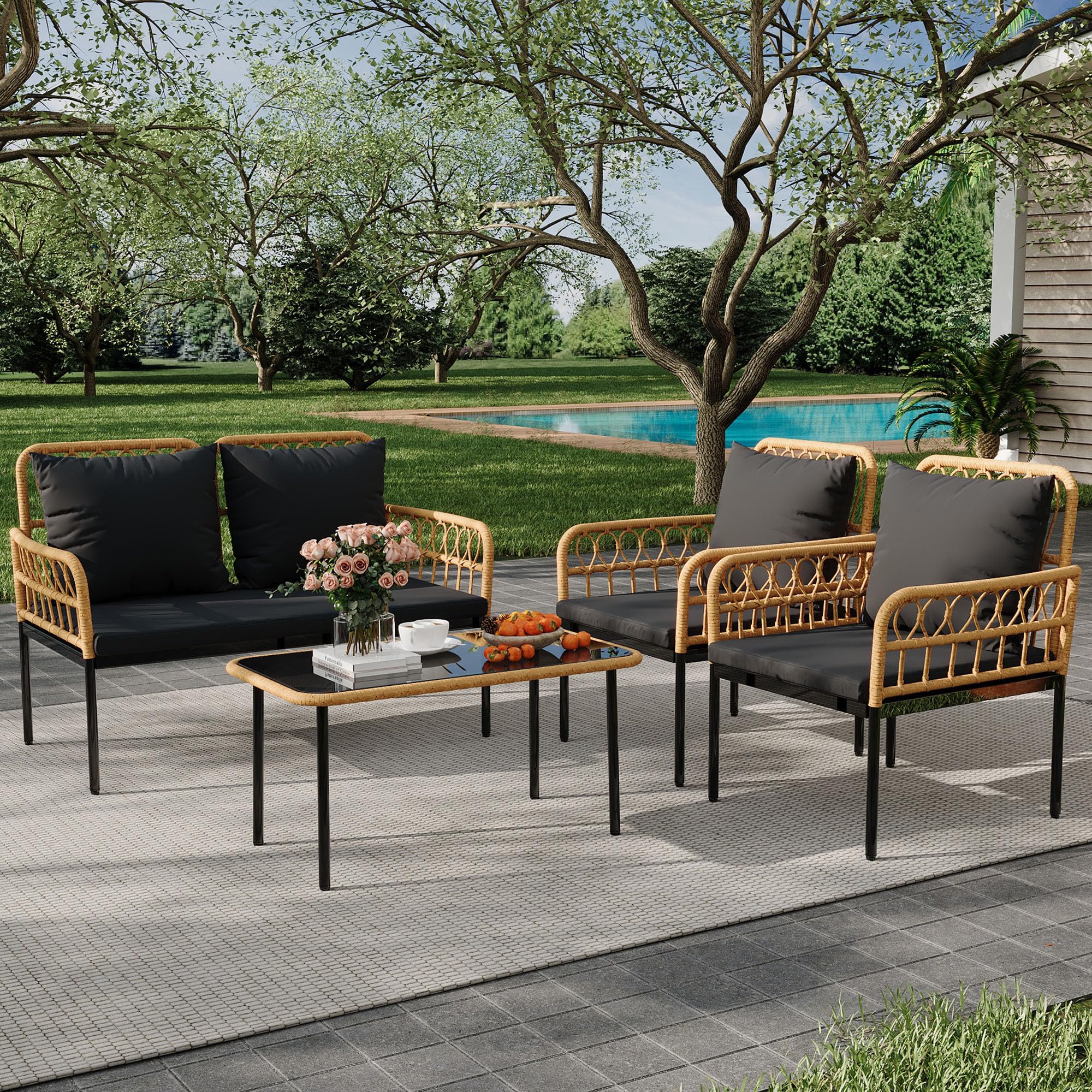 GARVEE 4-Piece Outdoor Wicker Patio Bistro Set - All-Weather Rattan Furniture with Glass Top Coffee Table, Loveseat & 2 Armchairs (Included Cushions) - Black Boho Balcony Set for Backyard, Garden, Poolside & Patio Decor