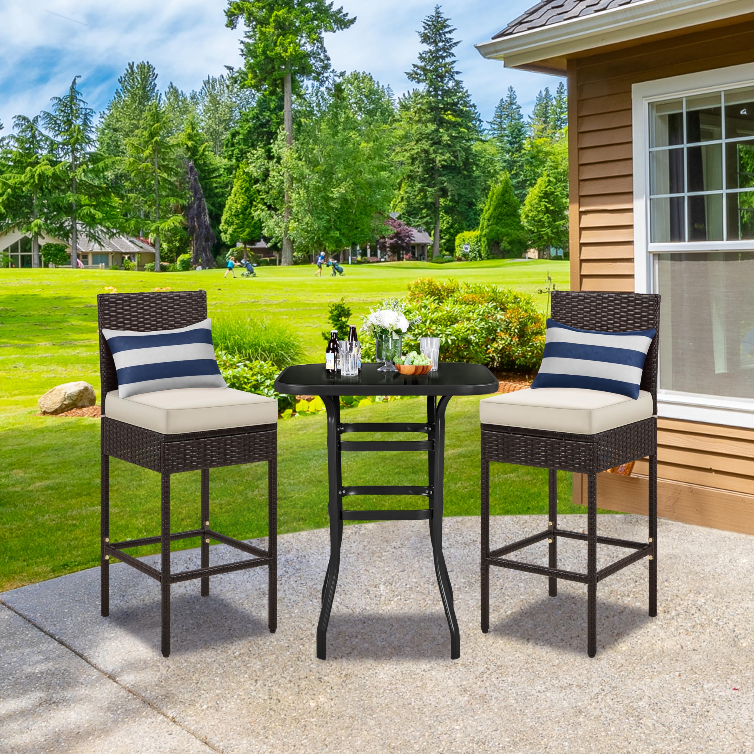 Yaheetech Set of 2 Outdoor Bar Stools - PE Rattan Bar Height Chairs with Cushions, Footrests & Backrest - 300lb Weight Capacity - Brown/Beige - Perfect for Patio, Backyard, Porch, Deck or Indoor Dining