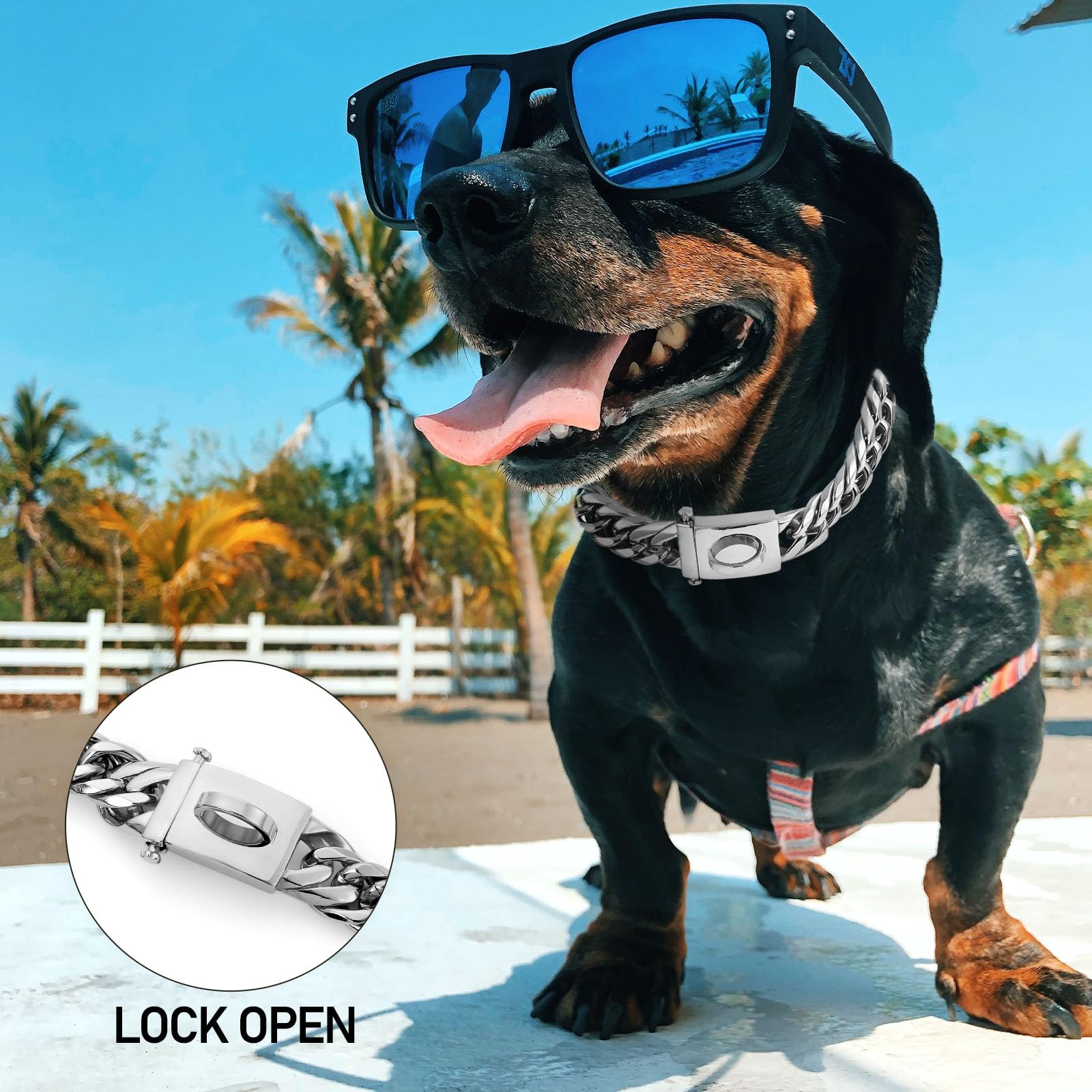 BAOBOTE 18K Silver Heavy Duty Cuban Link Dog Collar - 16MM Secure Snap Buckle Chew Proof Metal Chain for Medium & Large Dogs (20