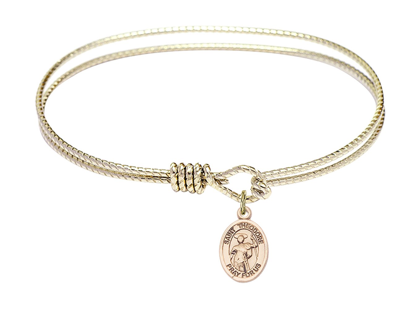 7 1/4 Inch Oval Eye Hook Bangle Bracelet with St. Theodore Stratelates Charm - Elegant Religious Jewelry for Women, Gift for Baptism, Confirmation & Special Occasions