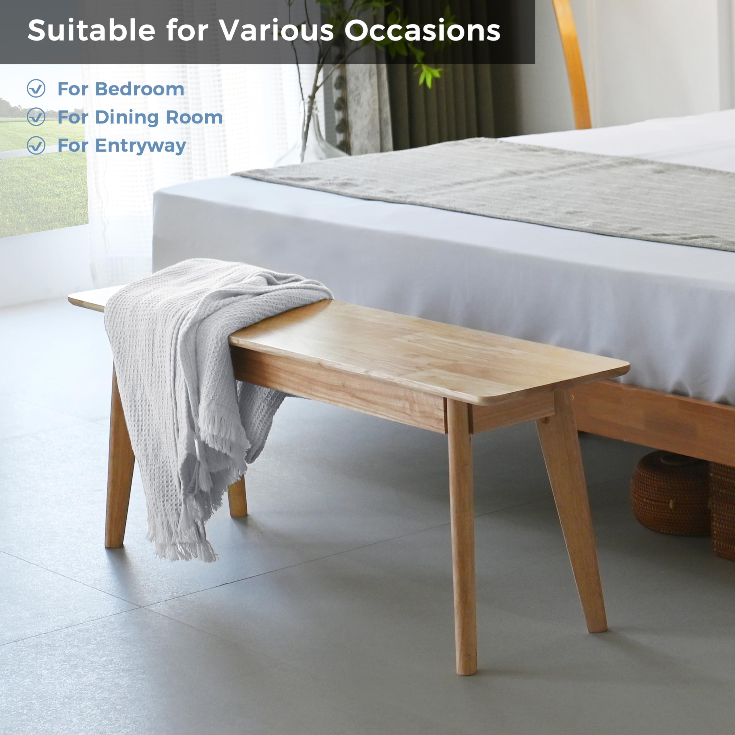 DELAVIN 47 Inch Solid Wood Dining Bench - Mid-Century Modern Wooden Bench for Kitchen, Bedroom, Living Room & Entryway - Natural Finish for Home Decor & Seating Solutions