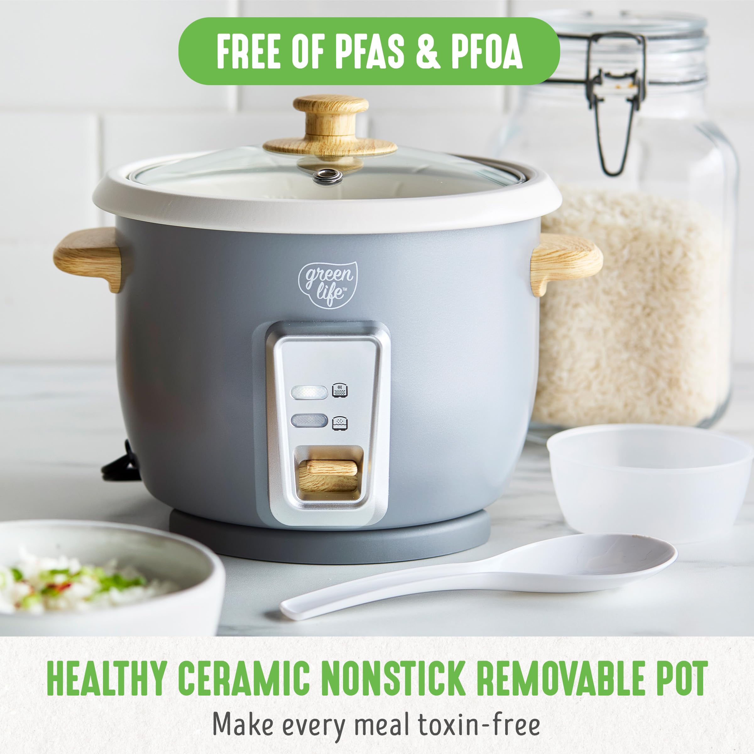 GreenLife Electric Rice Cooker Steamer - 3 Cup Uncooked/6 Cup Cooked Capacity, PFAS-Free Nonstick Removable Pot with Auto Presets | Wood Print Handle, Dishwasher Safe | Includes Measuring Cup & Rice Paddle in Quartz Grey | Perfect for Small Families, Dorm Rooms & Meal Prep